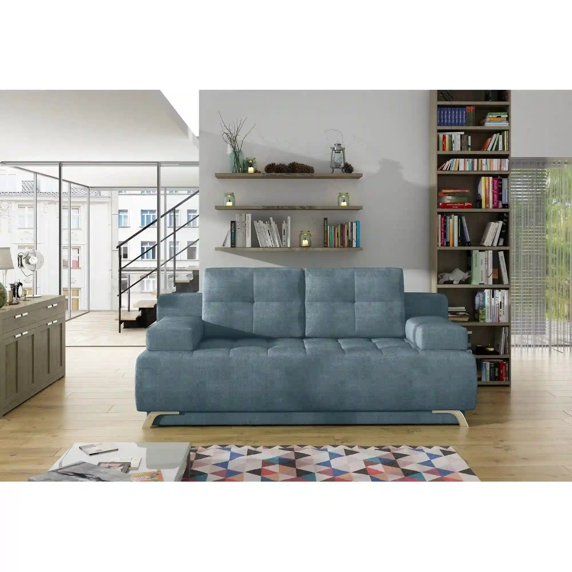 Canapea extensibila OSLO, stofa catifelata albastru - Palladium 14, Gama Premium, cu lada depozitare, 197x94x90 cm