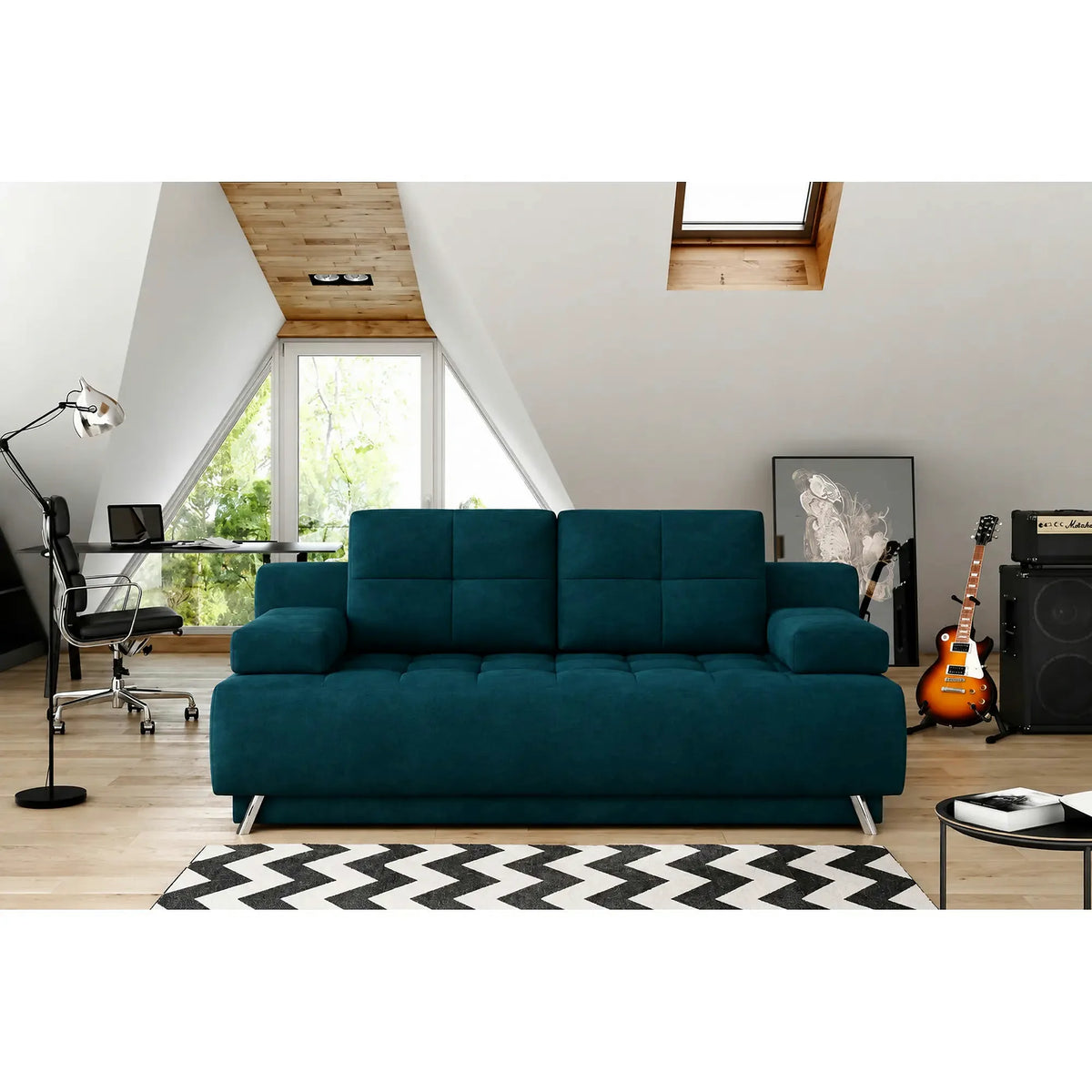 Canapea extensibila OSLO, stofa catifelata albastru - Salvador 11, cu lada depozitare, 197x94x90 cm