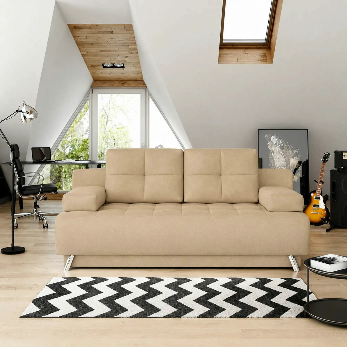 Canapea extensibila OSLO, stofa catifelata crem - Riviera 21, cu lada depozitare, 197x94x90 cm