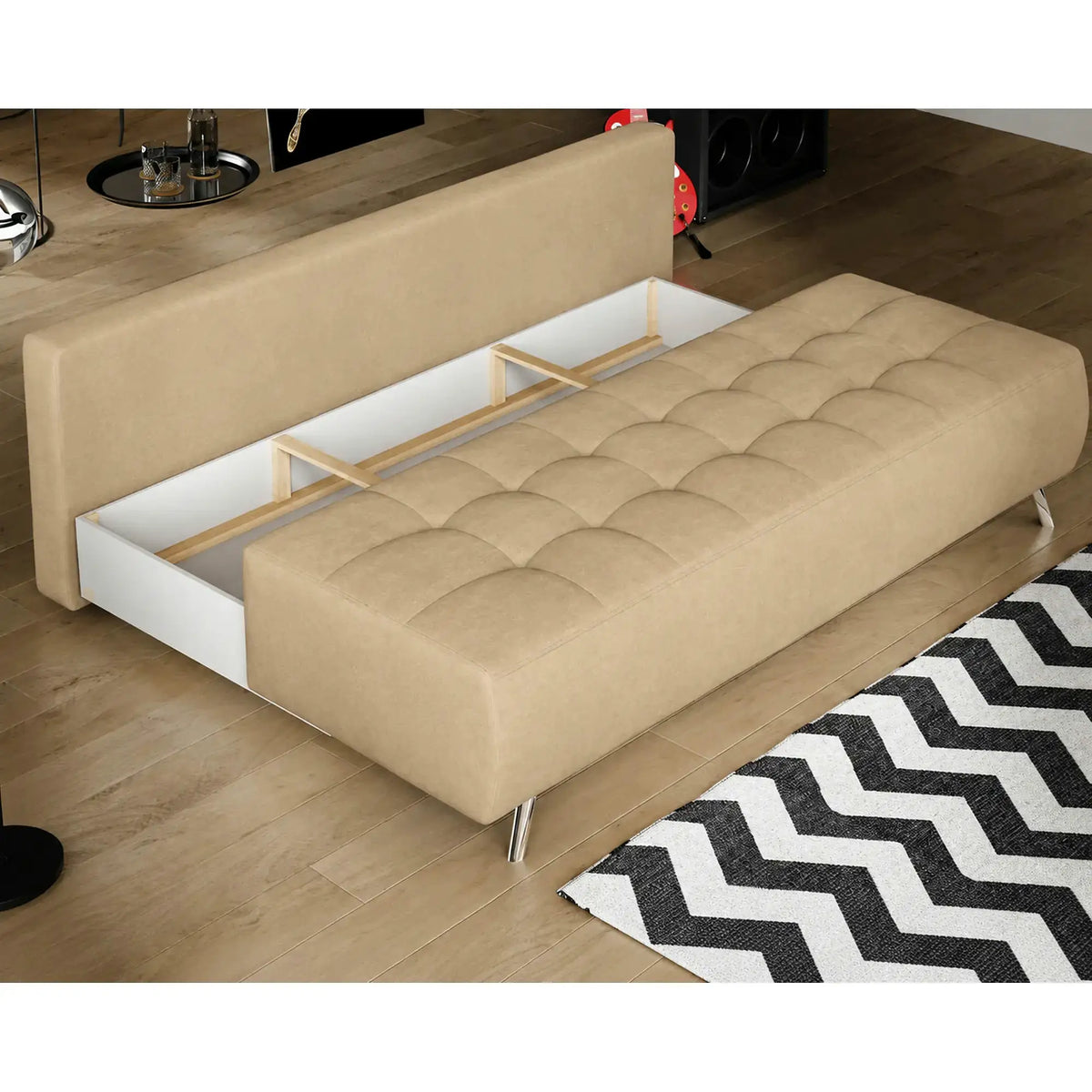 Canapea extensibila OSLO, stofa catifelata crem - Riviera 21, cu lada depozitare, 197x94x90 cm