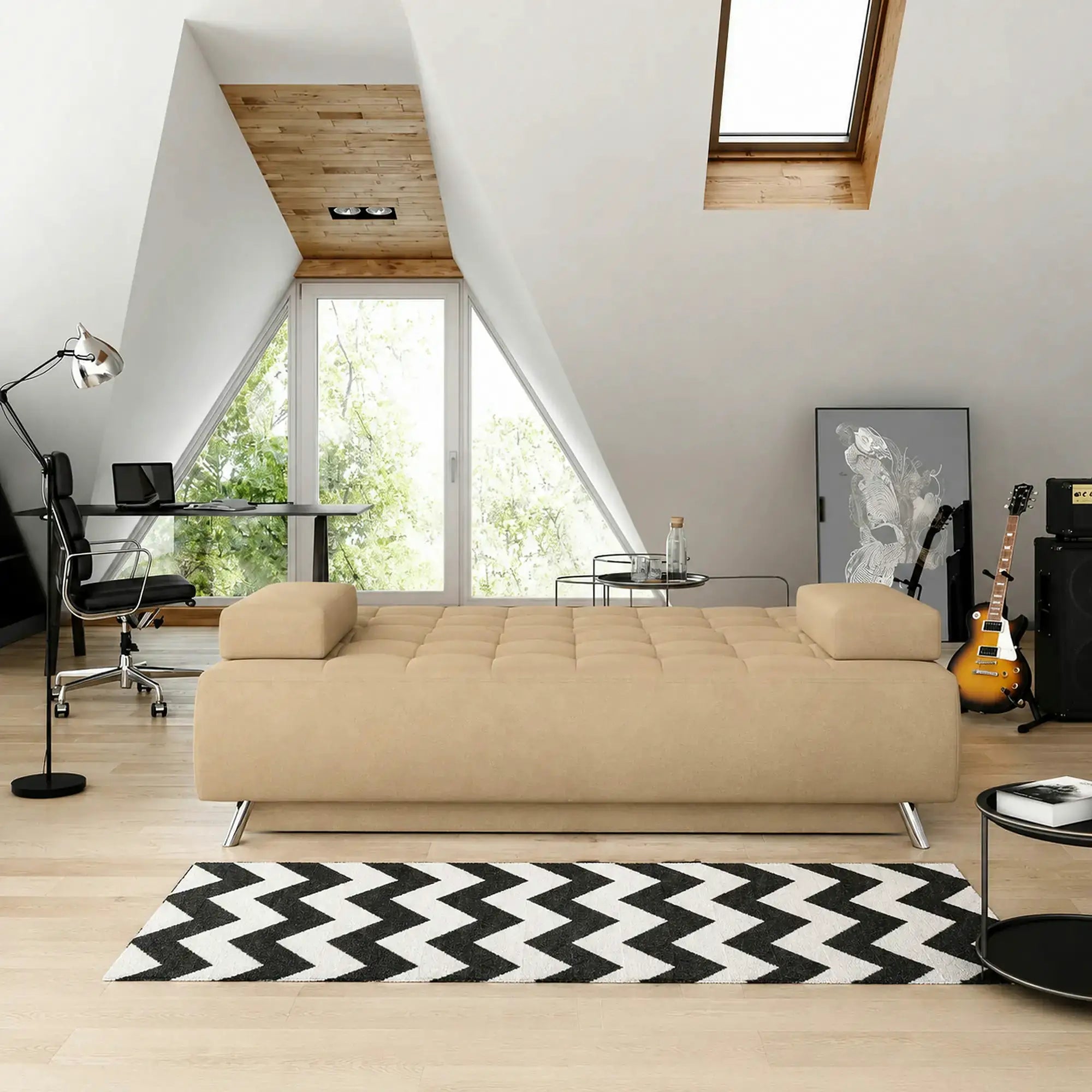 Canapea extensibila OSLO, stofa catifelata crem - Riviera 21, cu lada depozitare, 197x94x90 cm