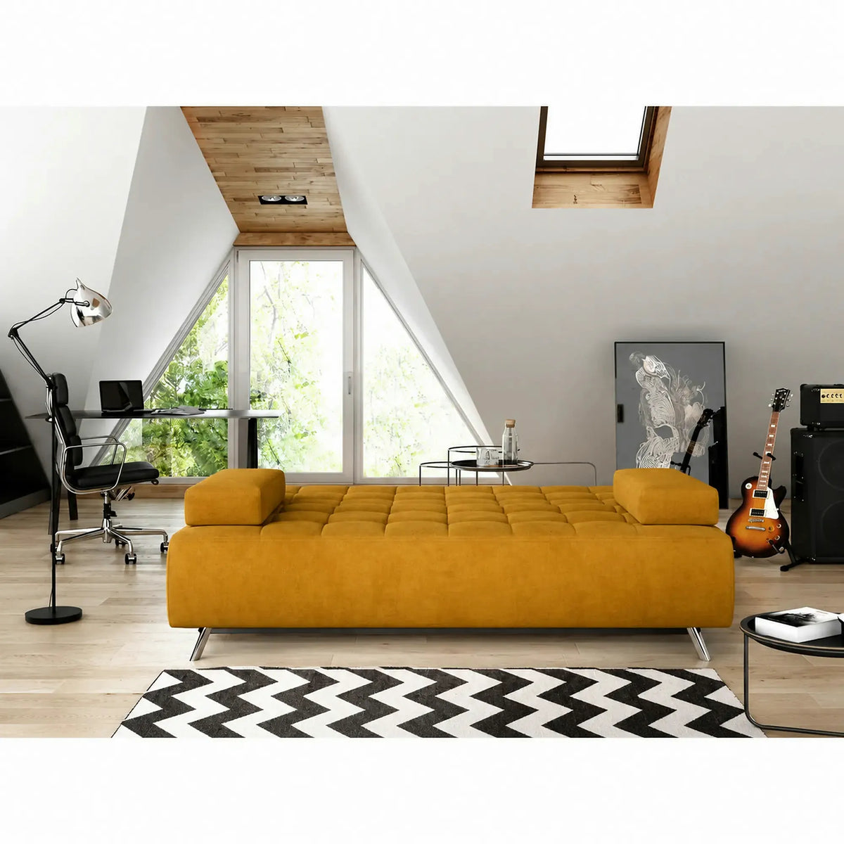 Canapea extensibila OSLO, stofa catifelata galben - Terra 48, cu lada depozitare, 197x94x90 cm