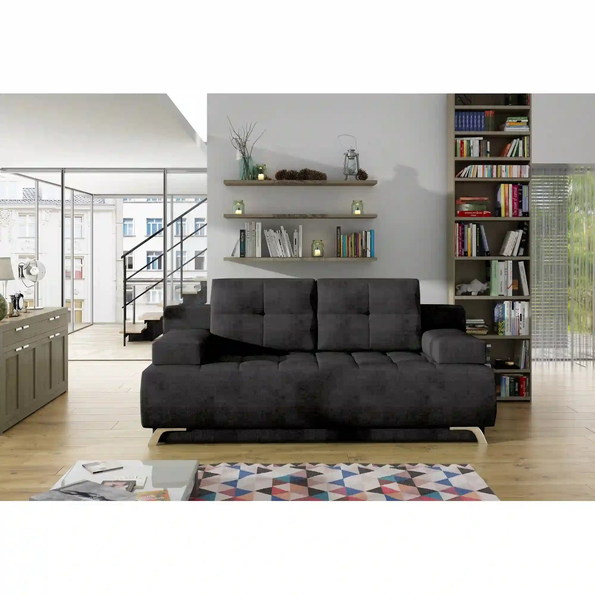 Canapea extensibila OSLO, stofa catifelata gri grafit - Palladium 19, Gama Premium, cu lada depozitare, 197x94x90 cm