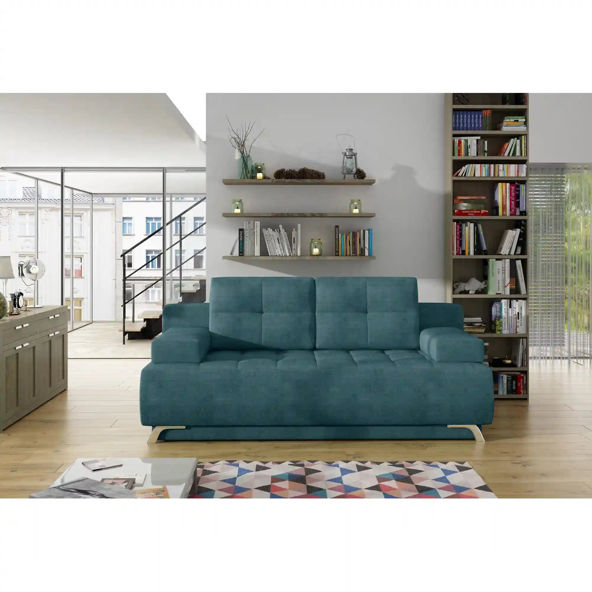 Canapea extensibila OSLO, stofa catifelata turcoaz inchis - Riviera 87, Gama Premium, cu lada depozitare, 197x94x90 cm