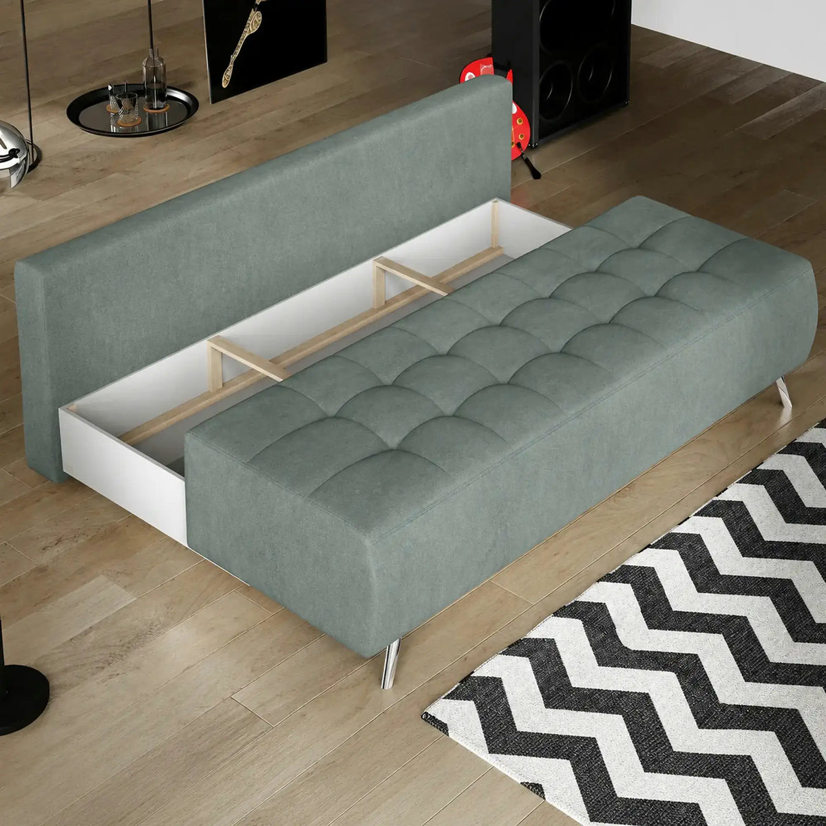 Canapea extensibila OSLO, stofa catifelata verde menta - Salvador 12, cu lada depozitare, 197x94x90 cm