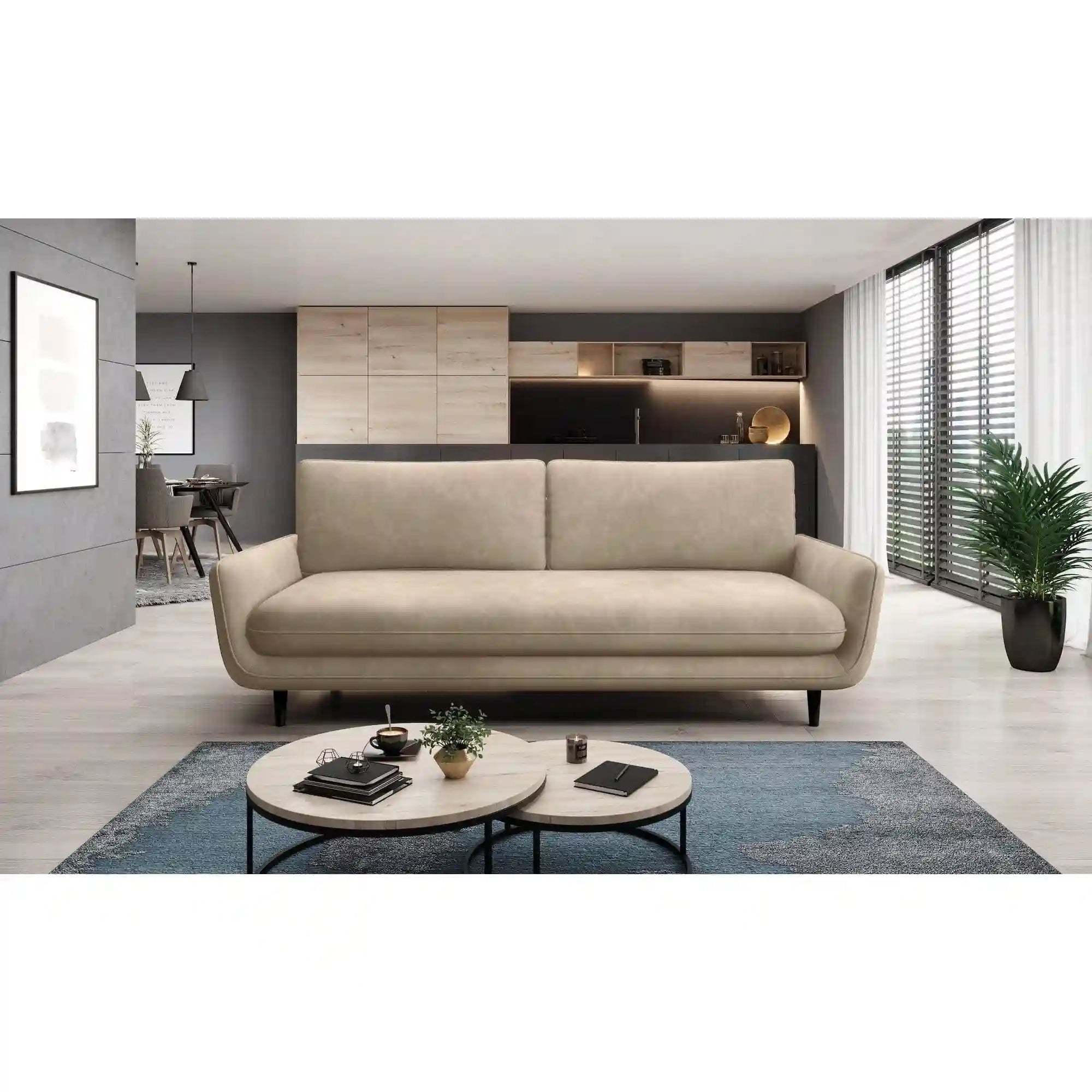 Canapea extensibila SOLANO, stofa catifelata maro deschis - Palladium 4, Gama Premium, cu lada depozitare, 230x107x85/73 cm