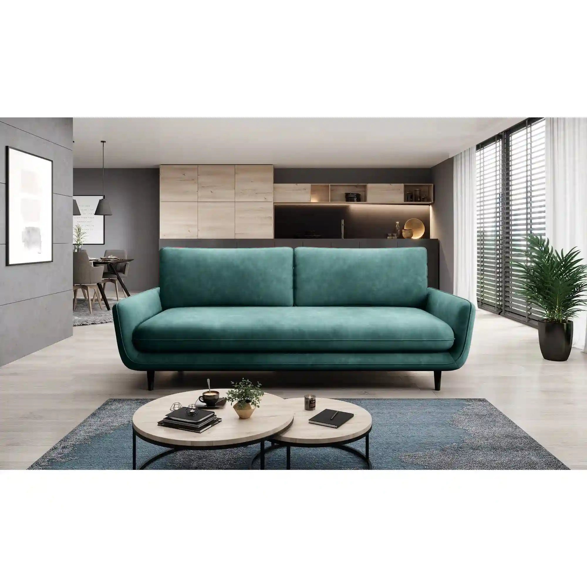 Canapea extensibila Solano, stofa catifelata verde marin - Terra 72, Gama Premium, cu lada depozitare, 230x107x85/73 cm