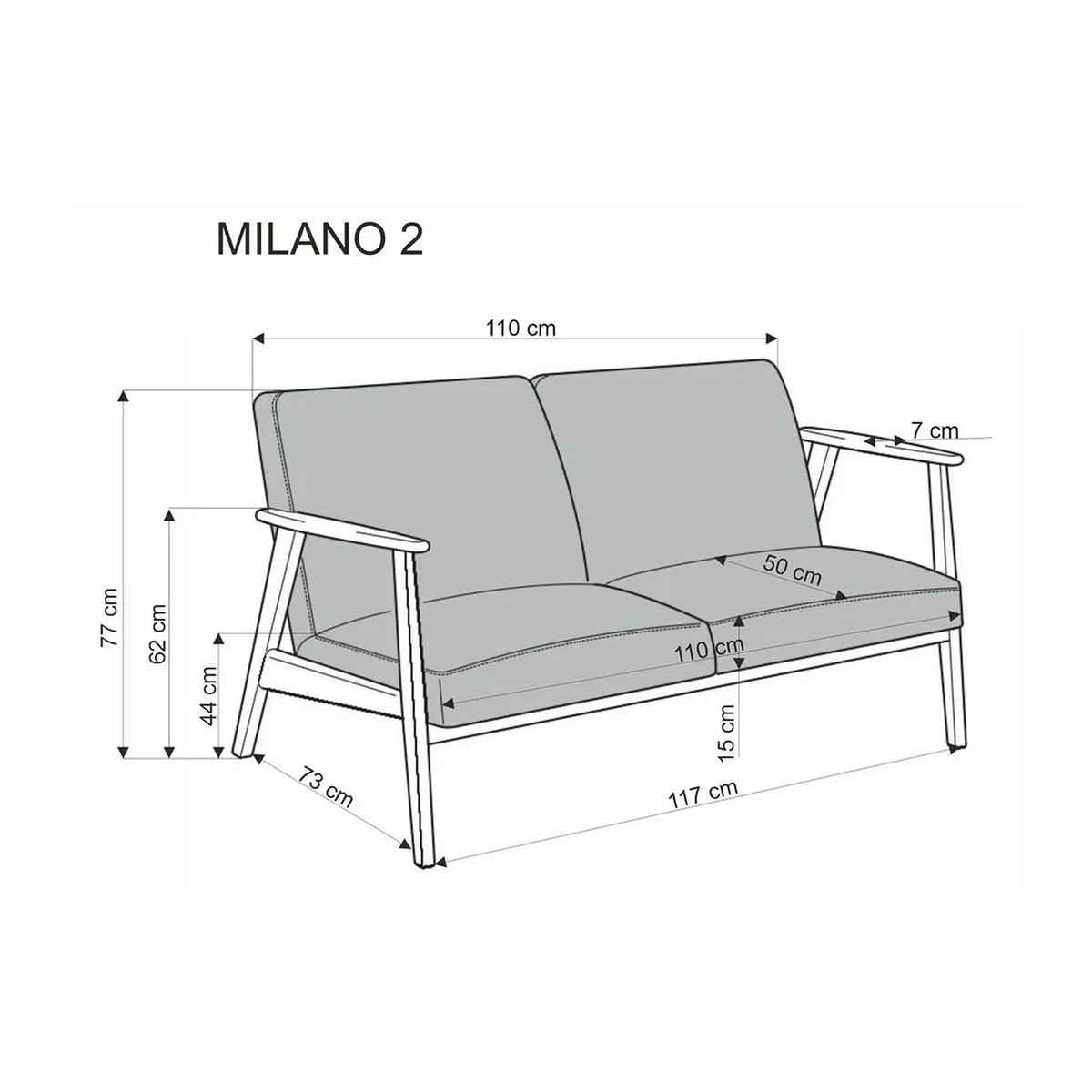 Canapea MILANO 2S, gri - Castel 93, stofa catifelata/lemn, 120x77x77 cm