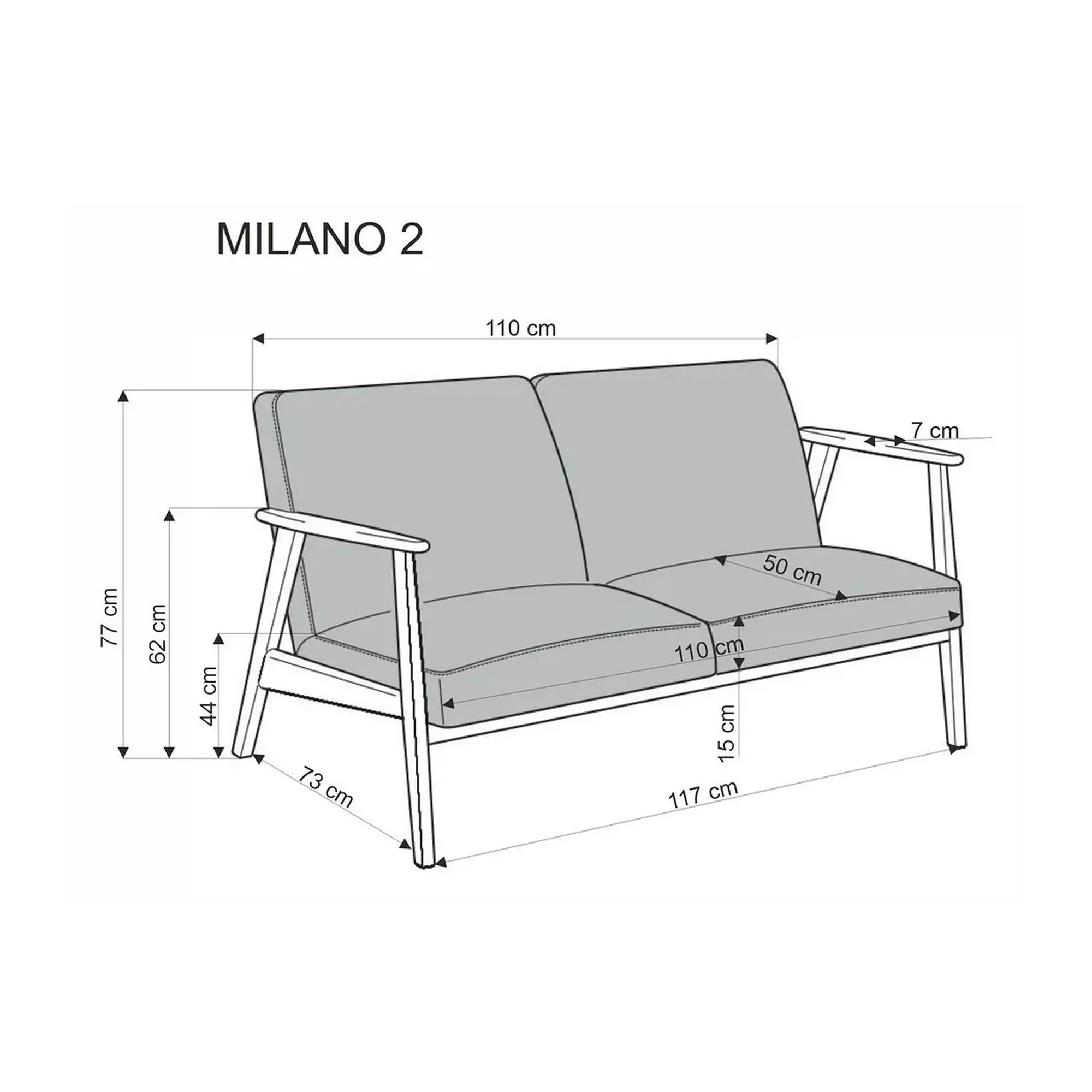 Canapea MILANO 2S, gri - Castel 93, stofa catifelata/lemn, 120x77x77 cm