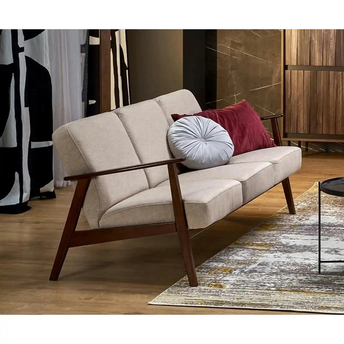 Canapea MILANO 3S, bej - Castel 15, stofa catifelata/lemn, 175x77x77 cm