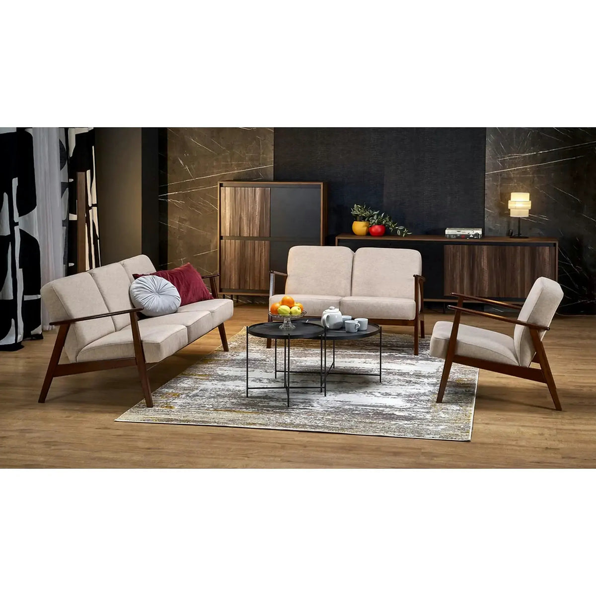 Canapea MILANO 3S, bej - Castel 15, stofa catifelata/lemn, 175x77x77 cm