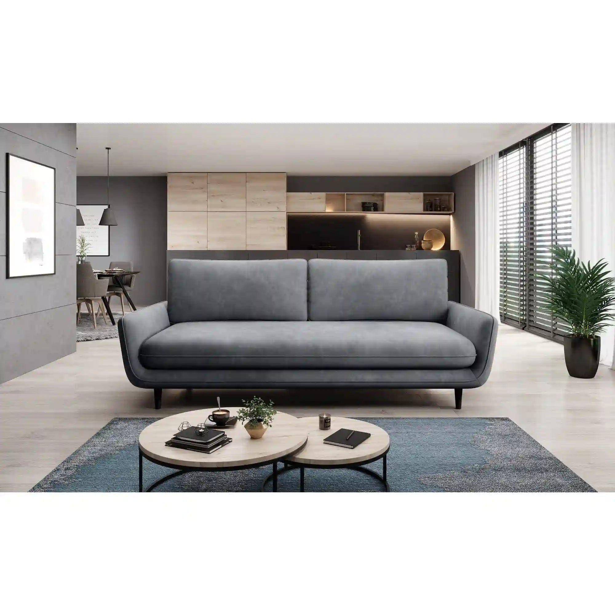 Canapea SOLANO, stofa catifelata gri - Riviera 91, Gama Premium, cu lada depozitare, 230x107x85/73 cm