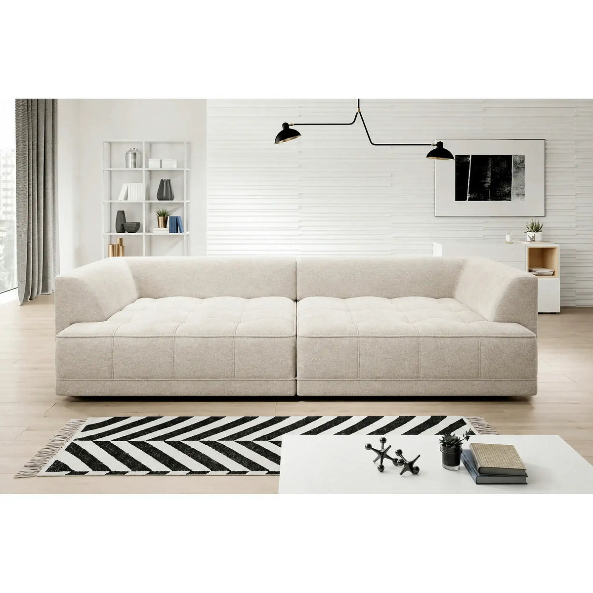 Canapea TIGA, stofa catifelata bej - Element 17, 302x136x88/72 cm