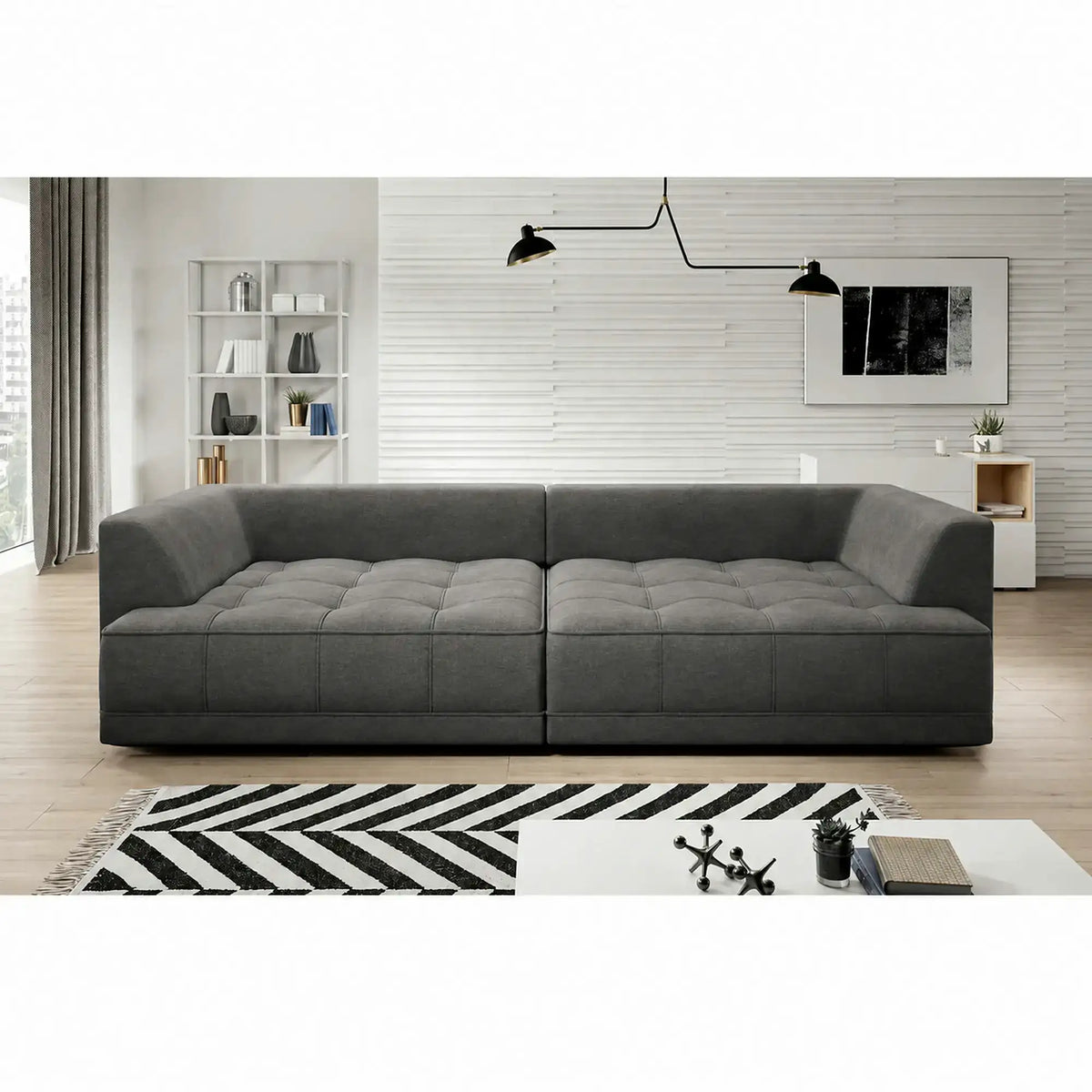 Canapea TIGA, stofa catifelata gri inchis - Salvador 15, cu reglaj electric, 302x136x88/72 cm