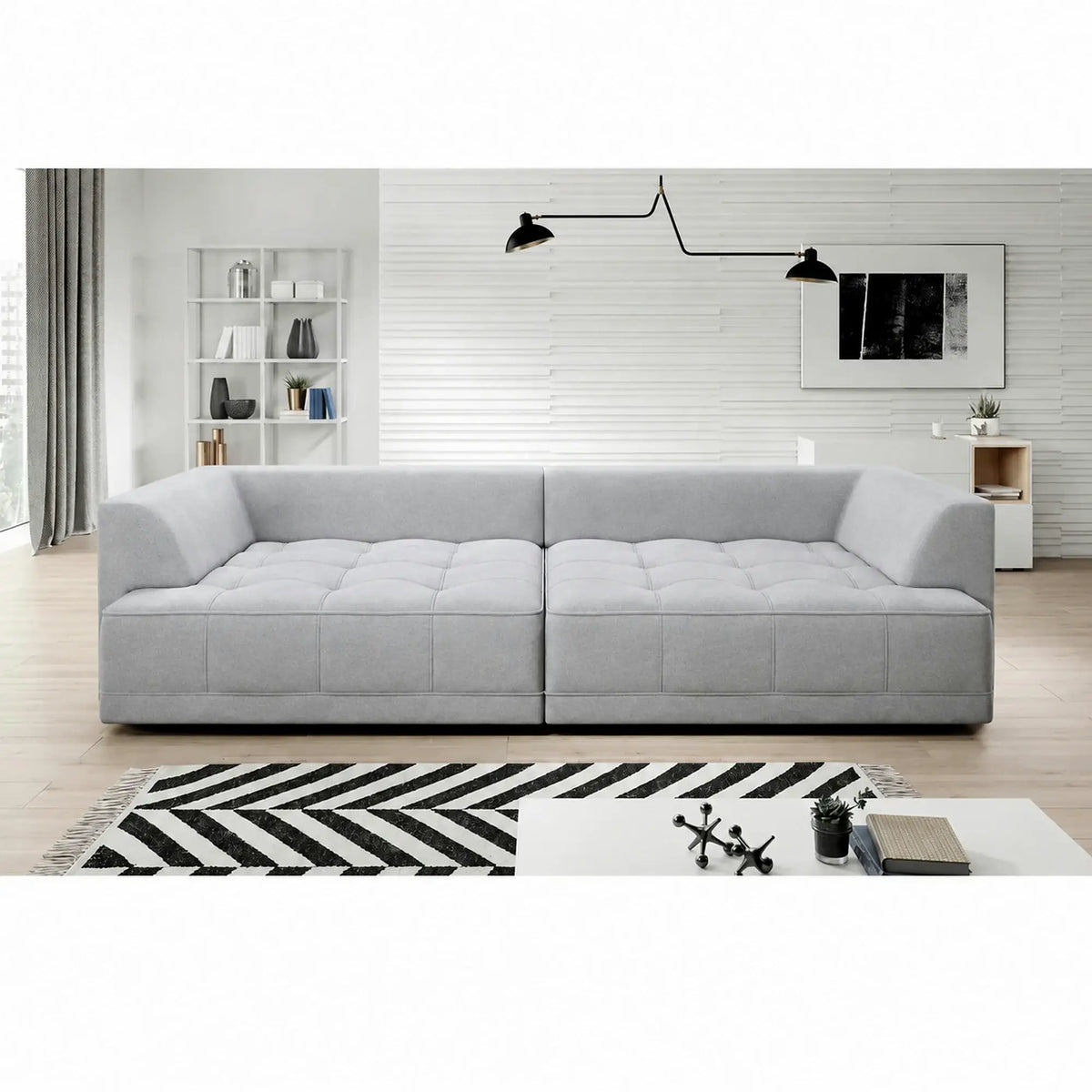 Canapea TIGA, stofa catifelata gri - Whisper 16, cu reglaj electric, 302x136x88/72 cm