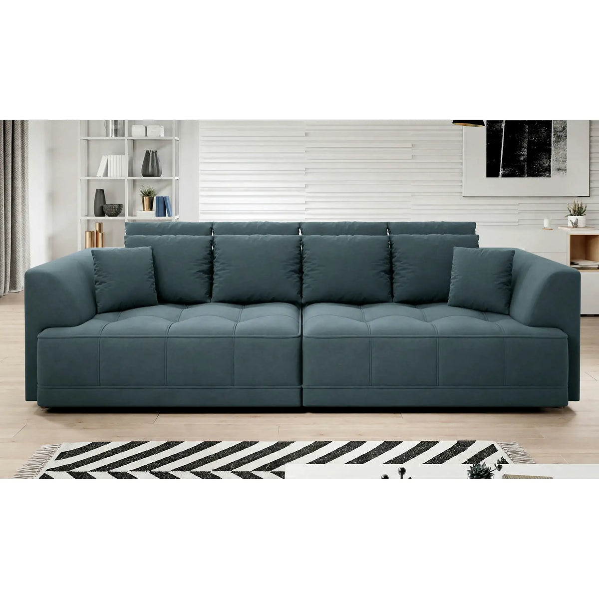 Canapea TIGA, stofa catifelata turcoaz inchis - Riviera 87, reglaj electric, 4 locuri, 302x136x72/88 cm