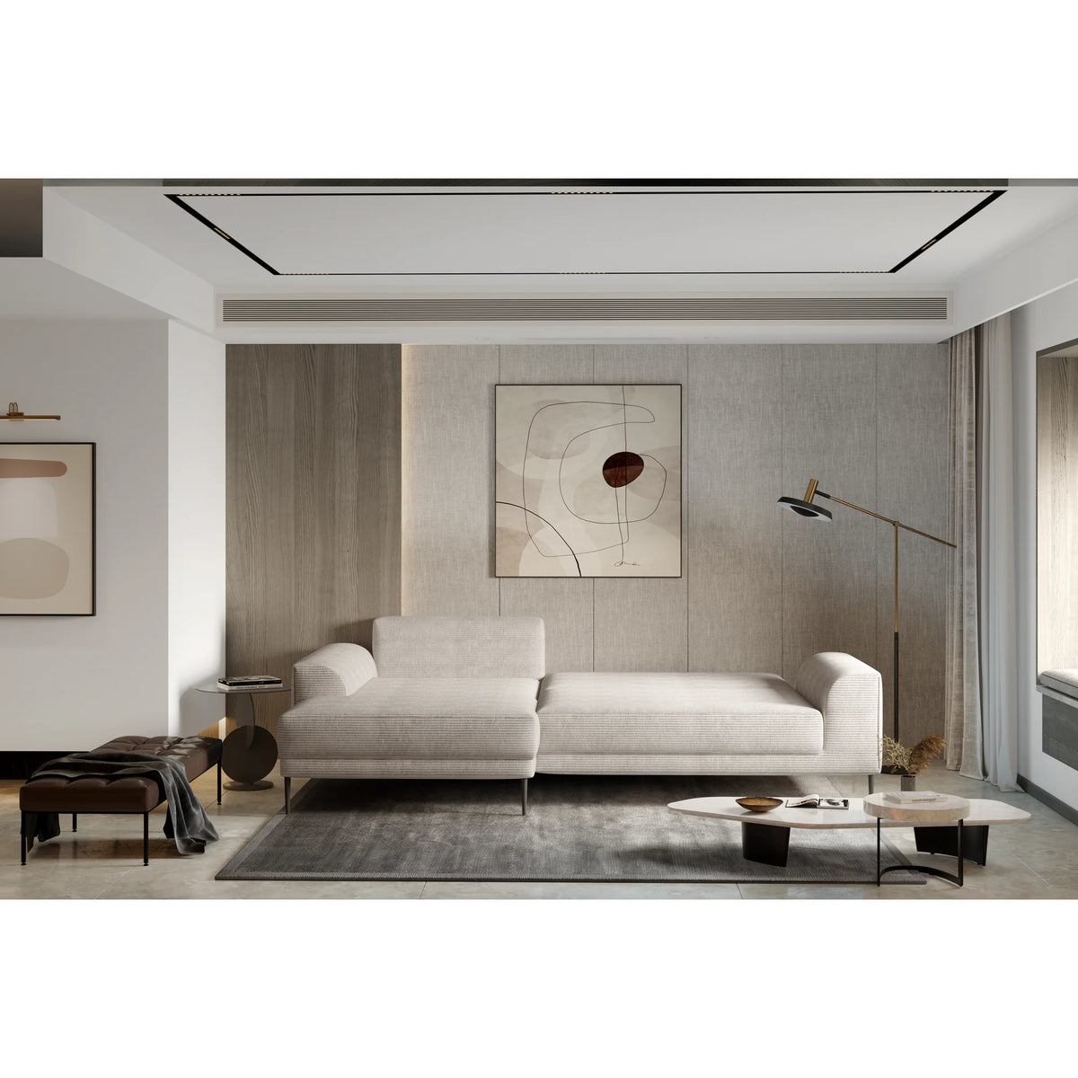 Coltar extensibil CAPITOL, sezlong stanga, stofa catifelata gri - Whisper 17, cu lada depozitare, 276x175x89 cm