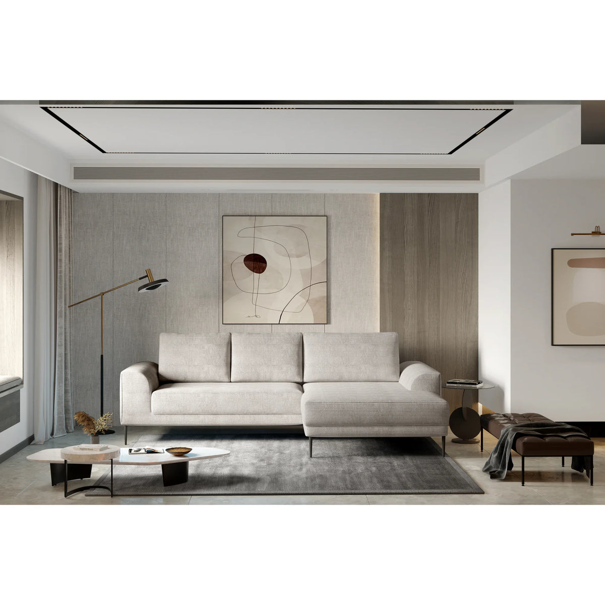 Coltar extensibil CAPITOL, sezlong dreapta, stofa catifelata gri inchis - Whisper 15, Gama Premium, cu lada depozitare, 276x175x89 cm