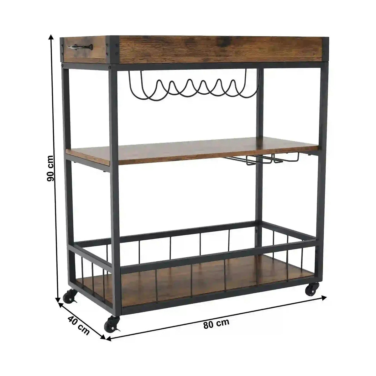 Carucior servire SILVIUS, nuc/negru, PAL/metal, 80x40x90 cm