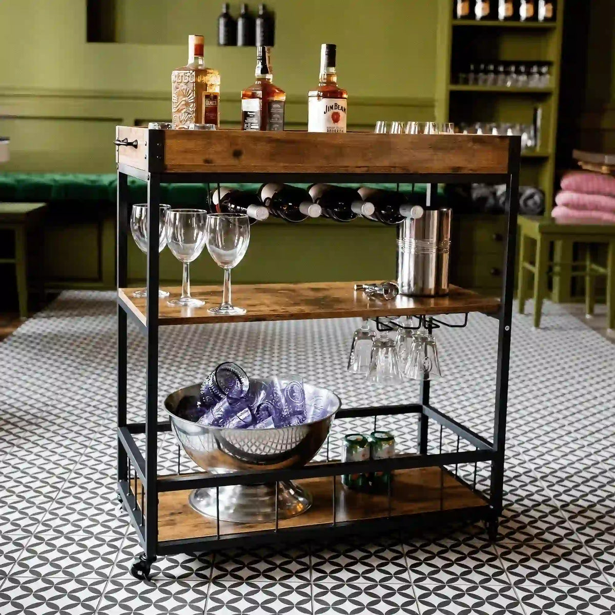 Carucior servire SILVIUS, nuc/negru, PAL/metal, 80x40x90 cm