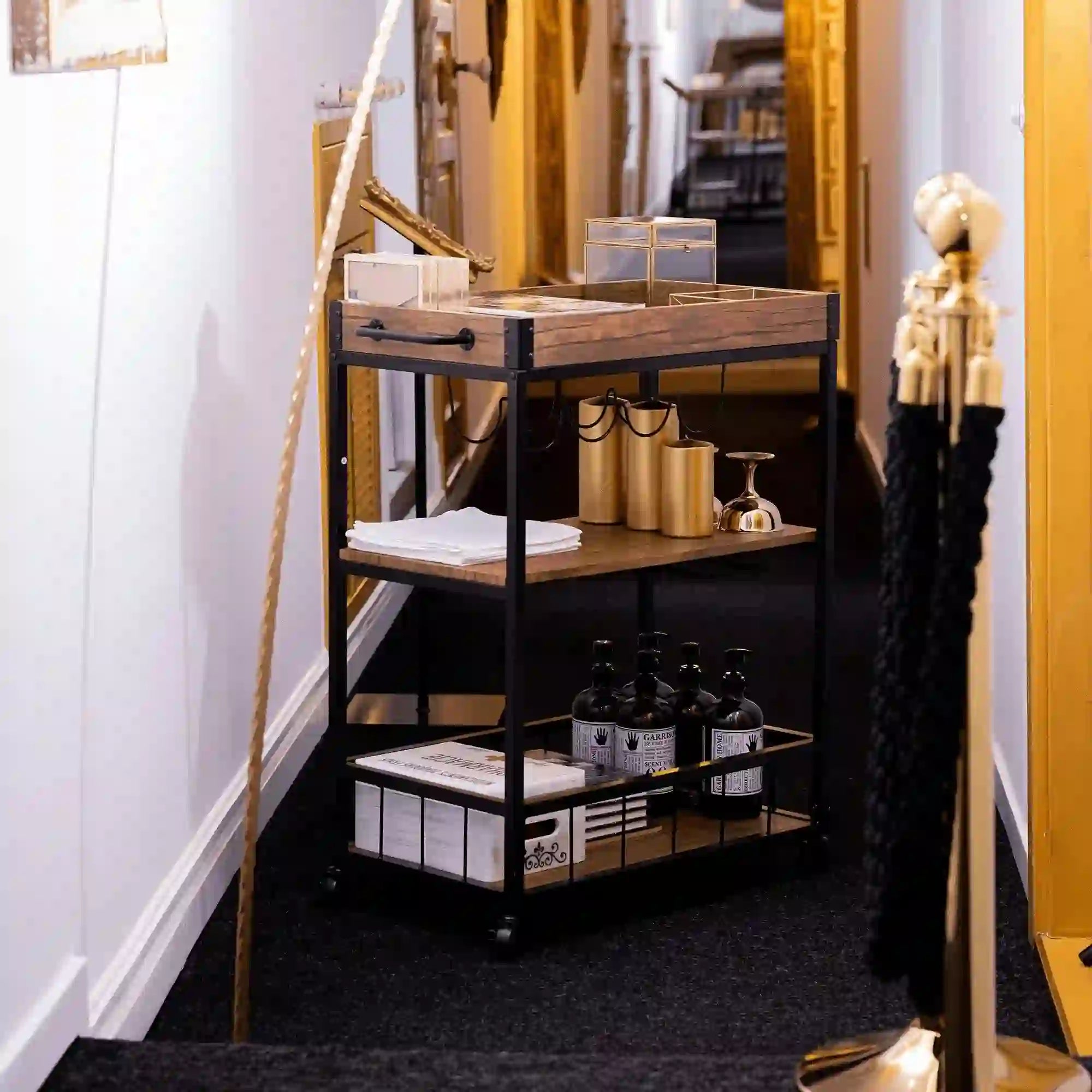 Carucior servire SILVIUS, nuc/negru, PAL/metal, 80x40x90 cm