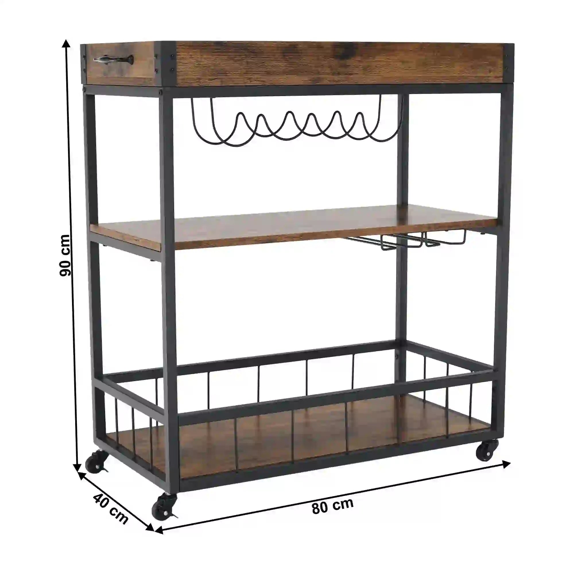 Carucior servire SILVIUS, nuc/negru, PAL/metal, 80x40x90 cm