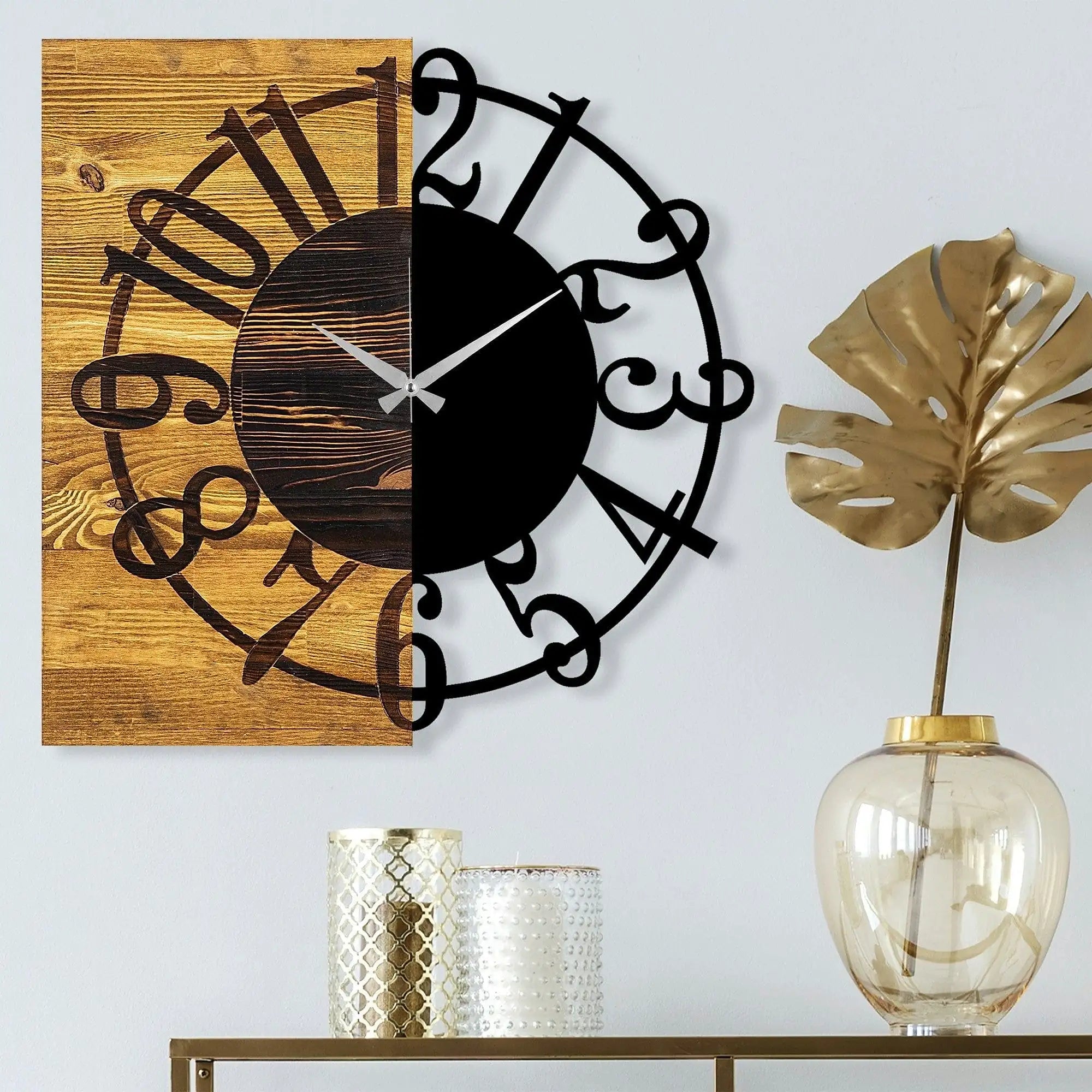 Ceas de perete Wooden Clock 1, nuc/negru, lemn/metal, 58x58x3 cm