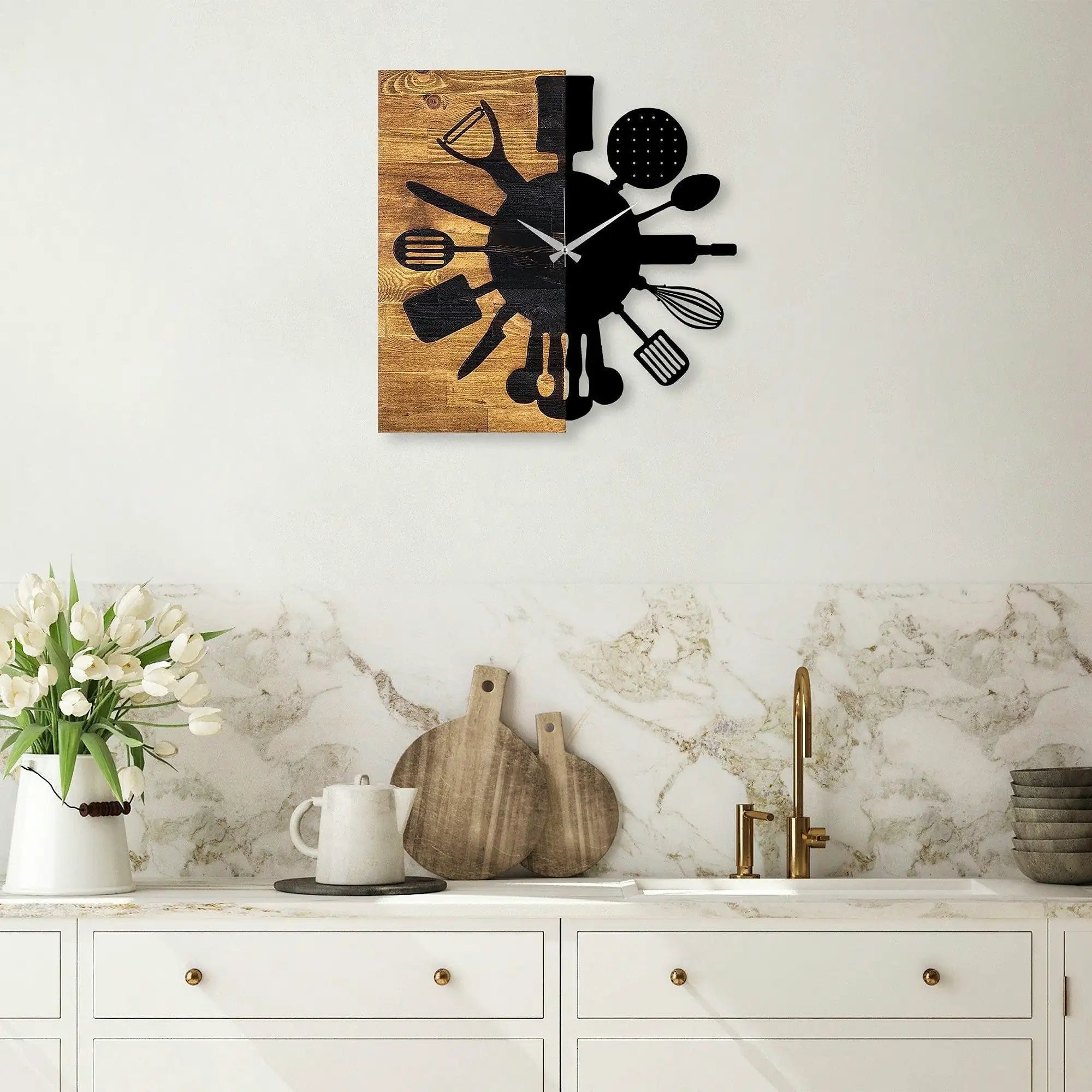Ceas decorativ Clock 32, negru/stejar, lemn/metal, 60x58 cm