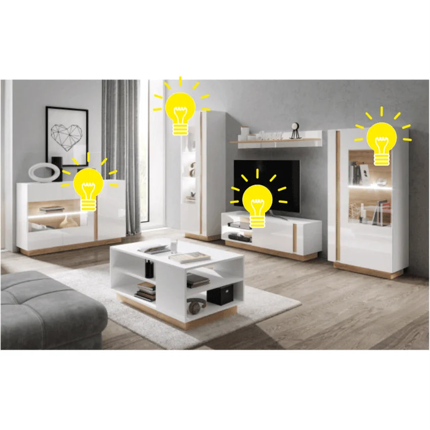 Comoda CITY RTV, stejar grandson/alb lucios, PAL melaminat/sticla, cu iluminare LED, 188x40x46 cm