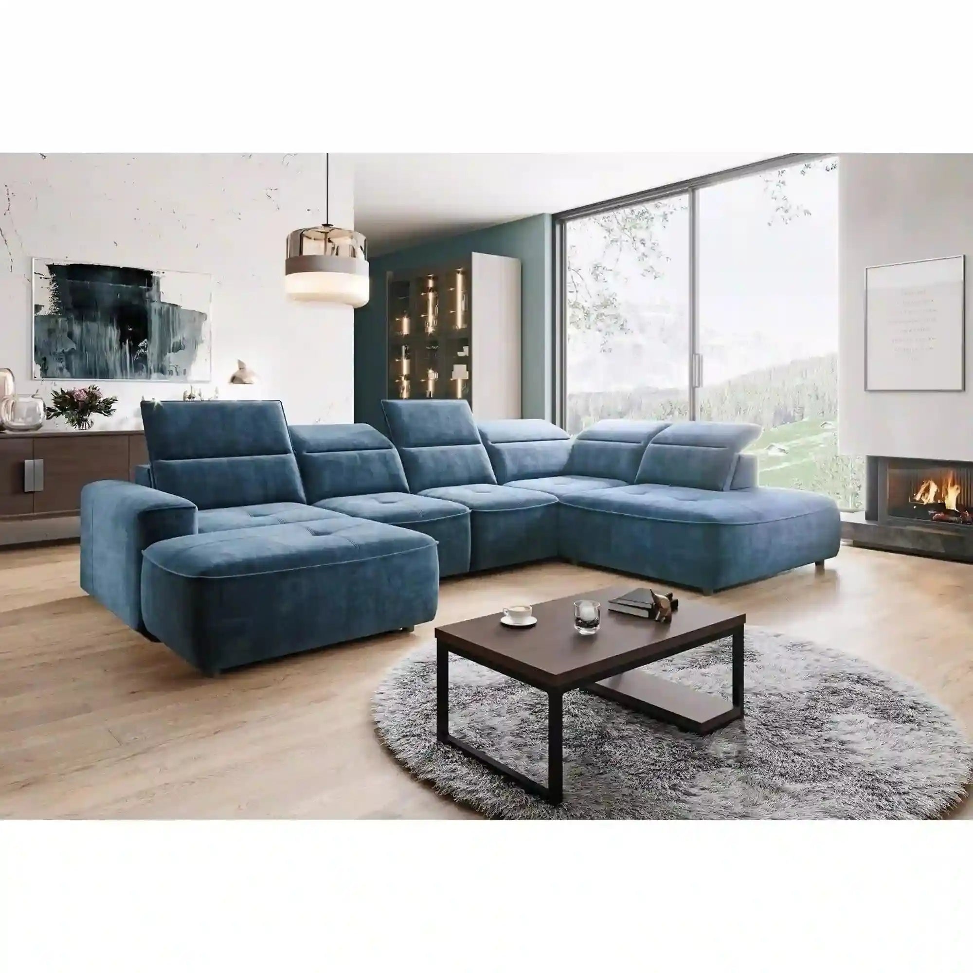 Coltar COLOMBO XL, sezlong dreapta, stofa catifelata gri - Salvador 14, Gama Premium, cu reglaj electric si lada depozitare, 376x227x103 cm