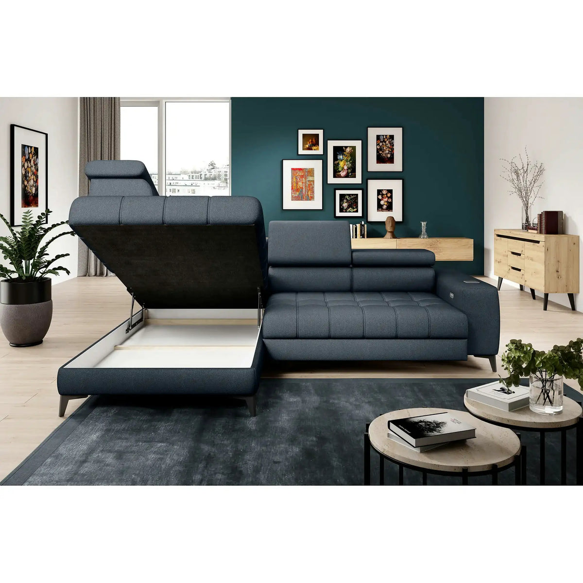 Coltar BAGGIO, personalizabil, cu reglaj electric, incarcator wireless, lada depozitare si tetiere reglabile, 280x196x100 cm