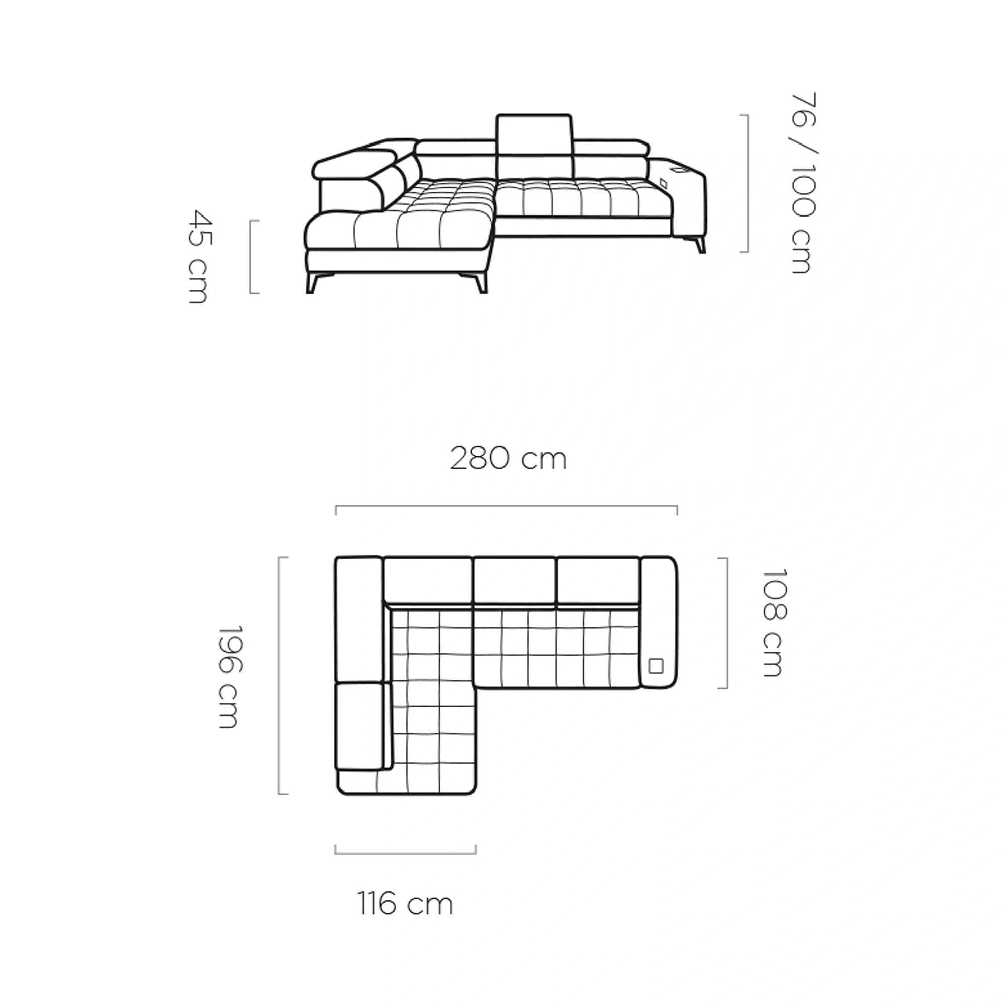 Coltar BAGGIO, personalizabil, cu reglaj electric, incarcator wireless, lada depozitare si tetiere reglabile, 280x196x100 cm