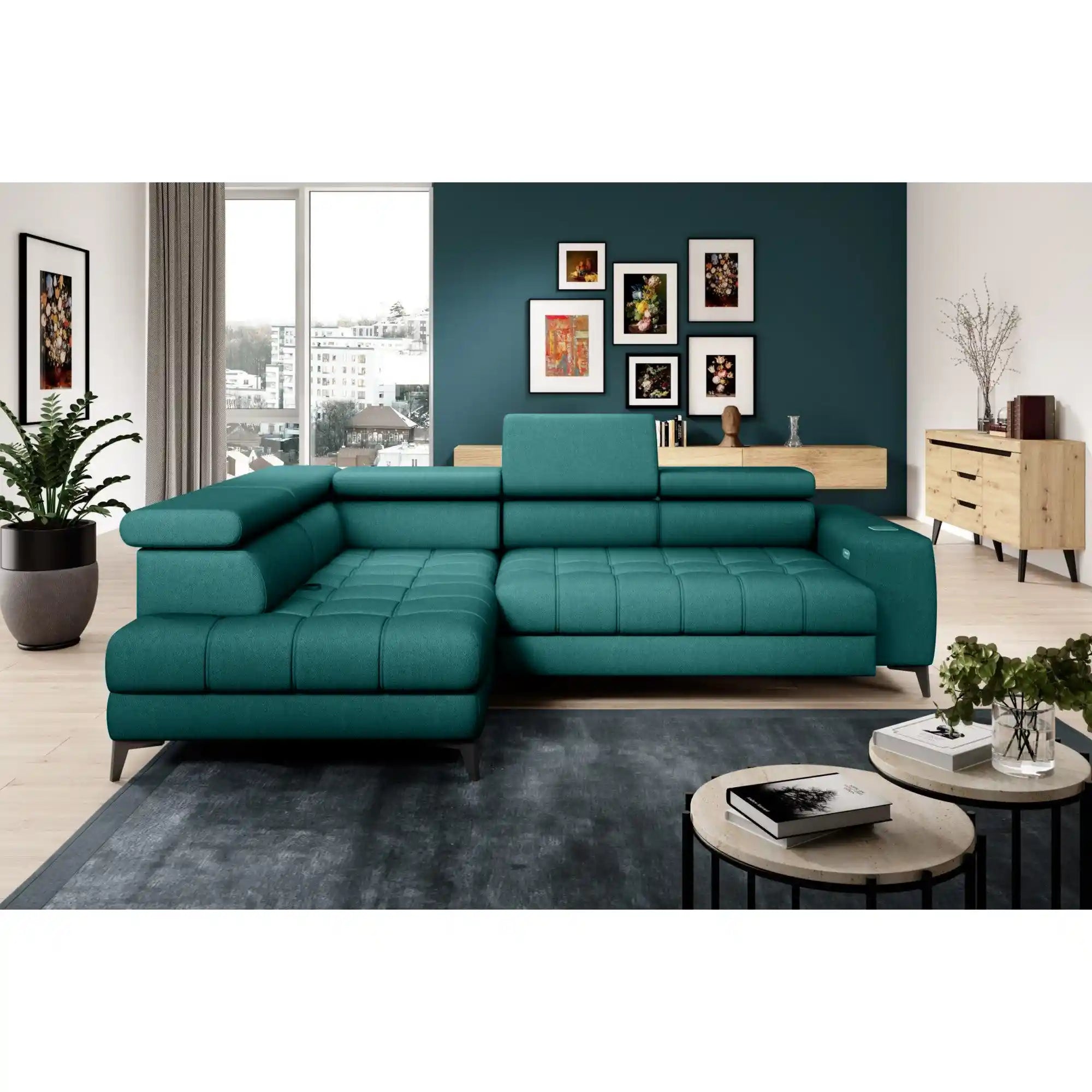 Coltar BAGGIO, personalizabil materiale gama Oferta Avantaj, cu reglaj electric, incarcator wireless, lada depozitare si tetiere reglabile, 280x196x100 cm