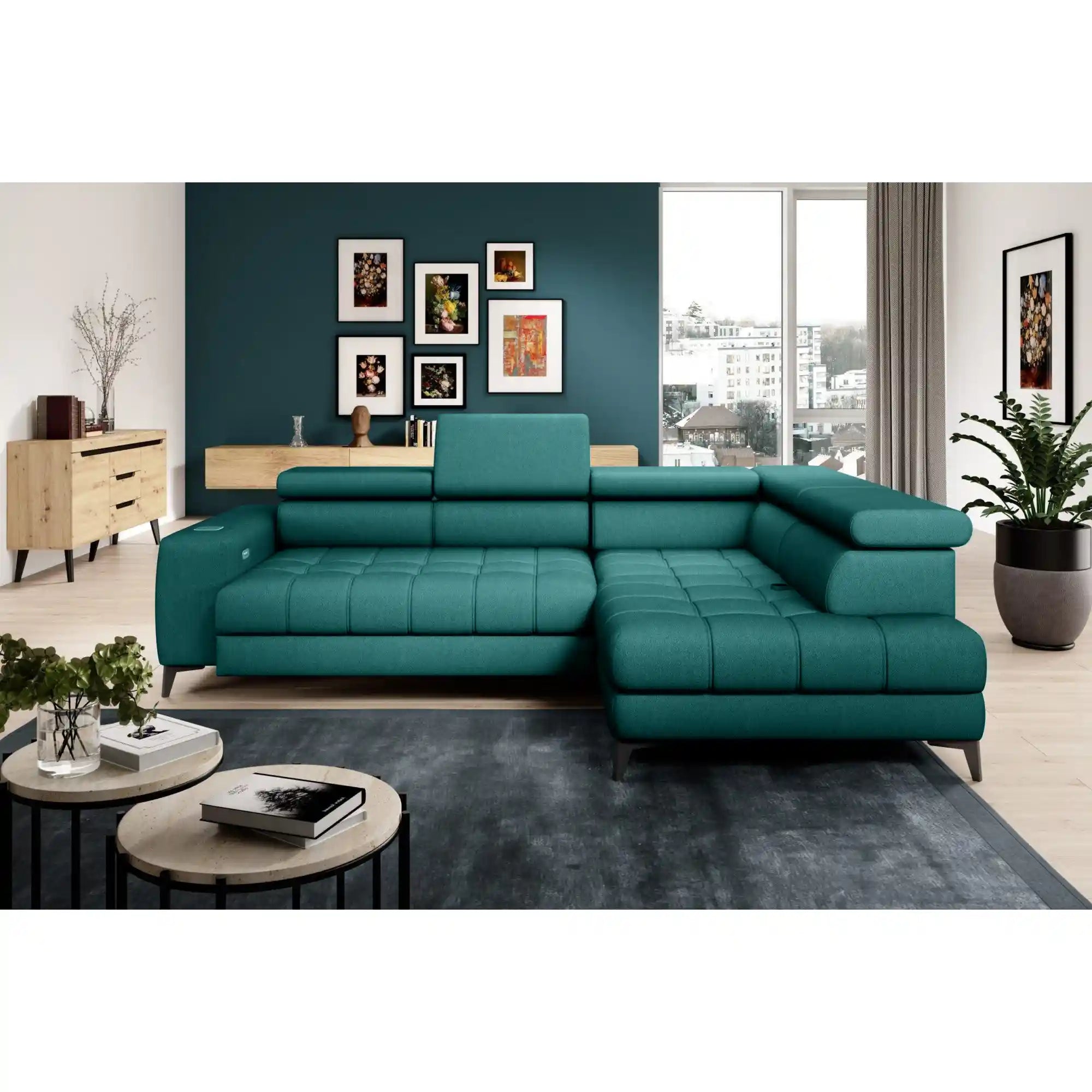 Coltar BAGGIO, personalizabil materiale gama Oferta Avantaj, cu reglaj electric, incarcator wireless, lada depozitare si tetiere reglabile, 280x196x100 cm