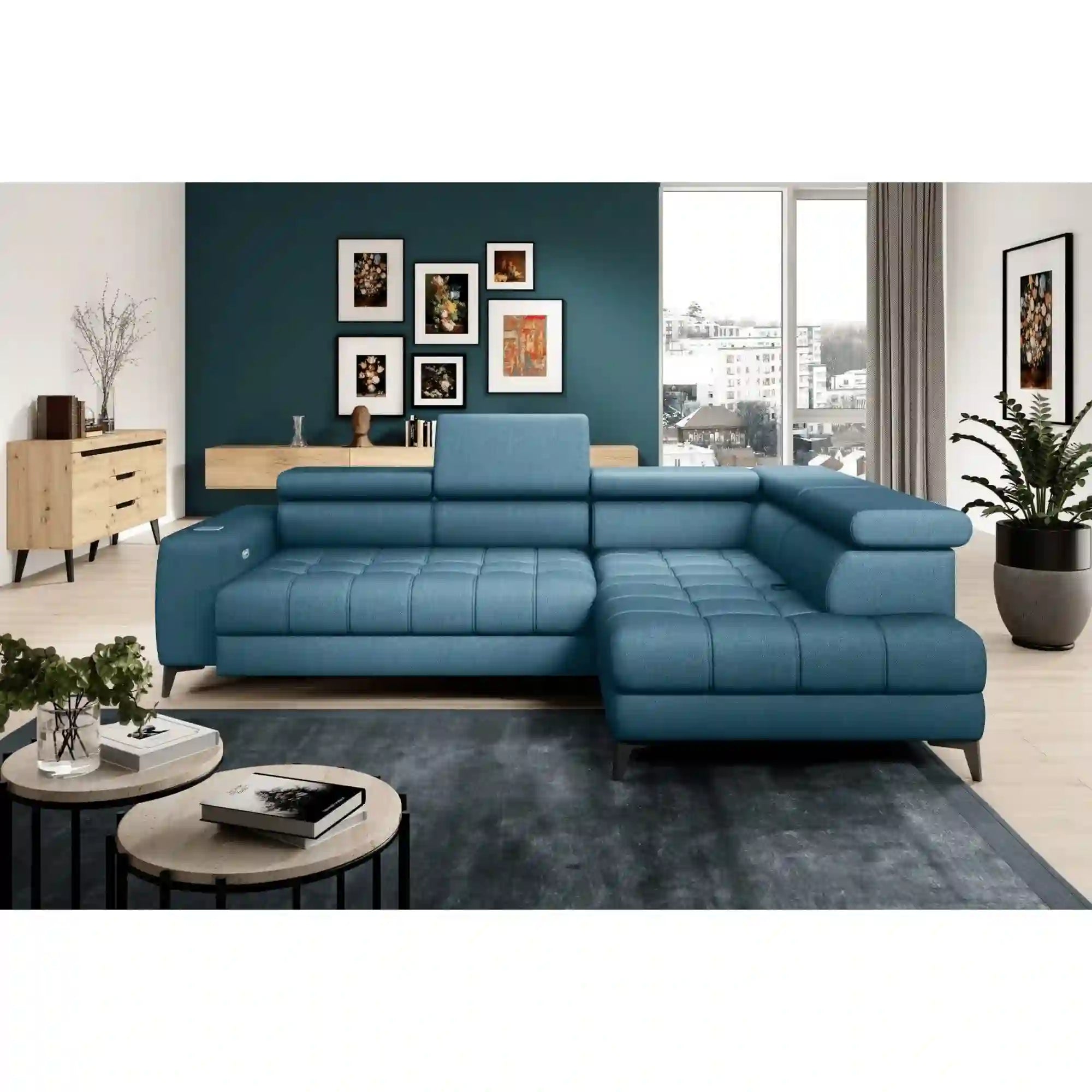 Coltar BAGGIO, sezlong dreapta, stofa catifelata albastru - Salvador 11, Gama Premium, cu reglaj electric, incarcator wireless, lada depozitare si tetiere electrice, 280x196x100 cm