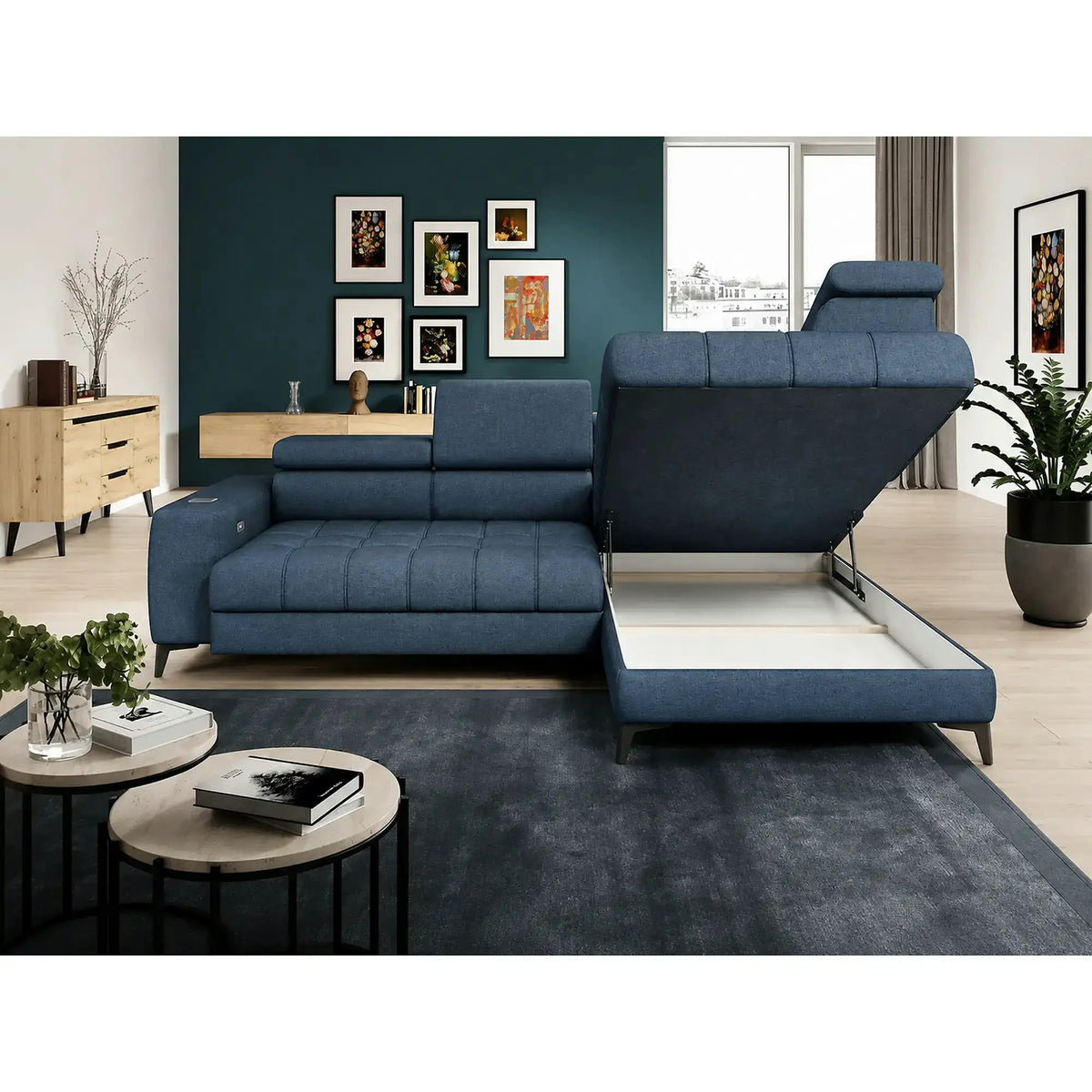 Coltar BAGGIO, sezlong dreapta, stofa catifelata albastru - Whisper 12, cu reglaj electric, incarcator wireless, lada depozitare si tetiere reglabile, 280x196x100 cm