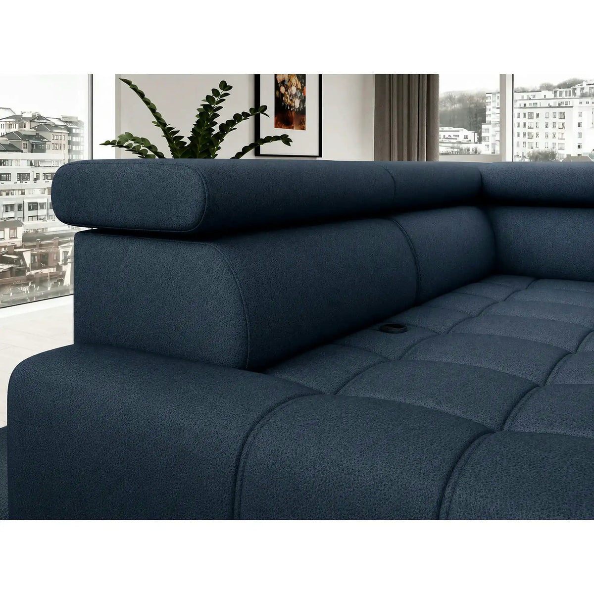 Coltar BAGGIO, sezlong dreapta, stofa catifelata albastru - Whisper 12, cu reglaj electric, incarcator wireless, lada depozitare si tetiere reglabile, 280x196x100 cm