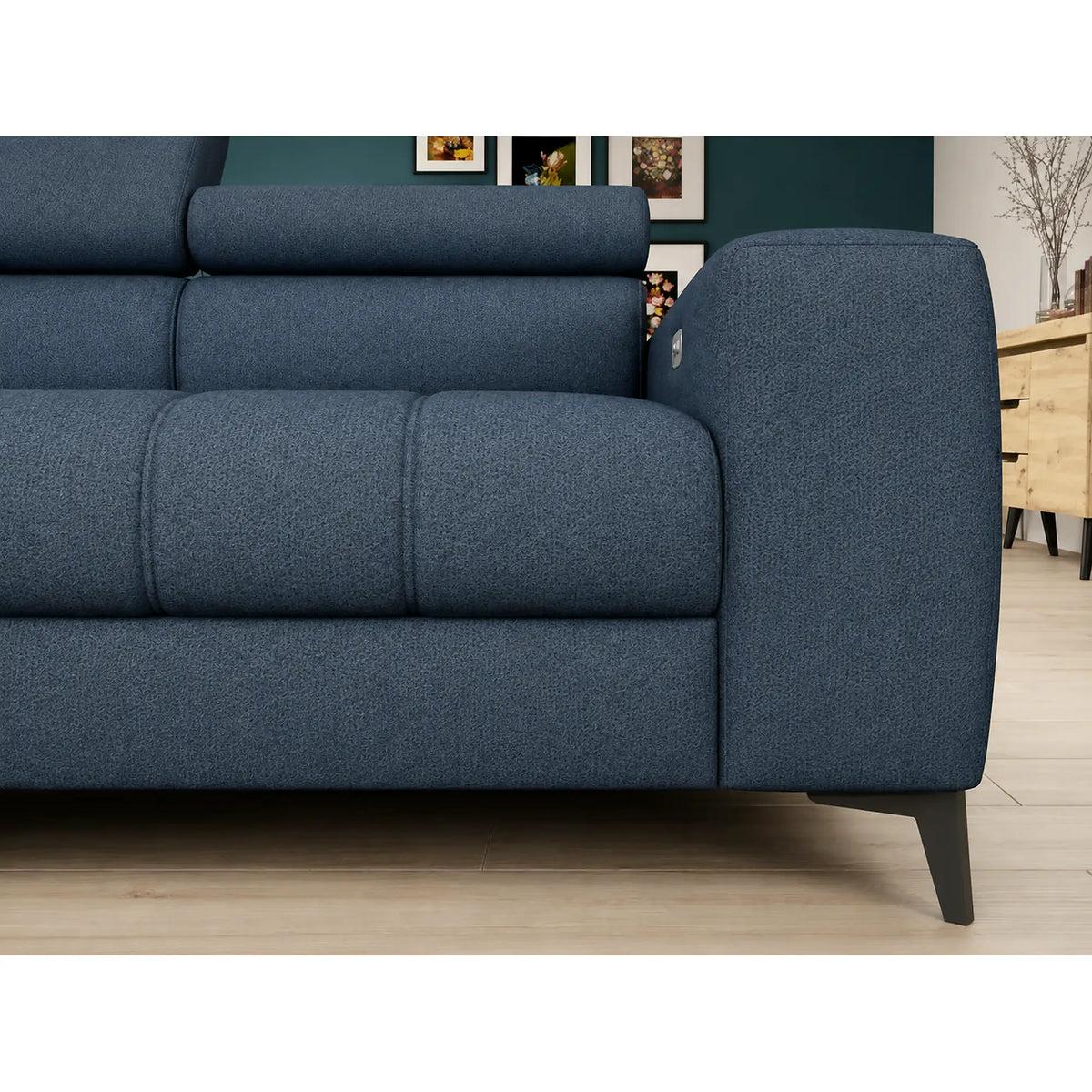 Coltar BAGGIO, sezlong dreapta, stofa catifelata albastru - Whisper 12, cu reglaj electric, incarcator wireless, lada depozitare si tetiere reglabile, 280x196x100 cm