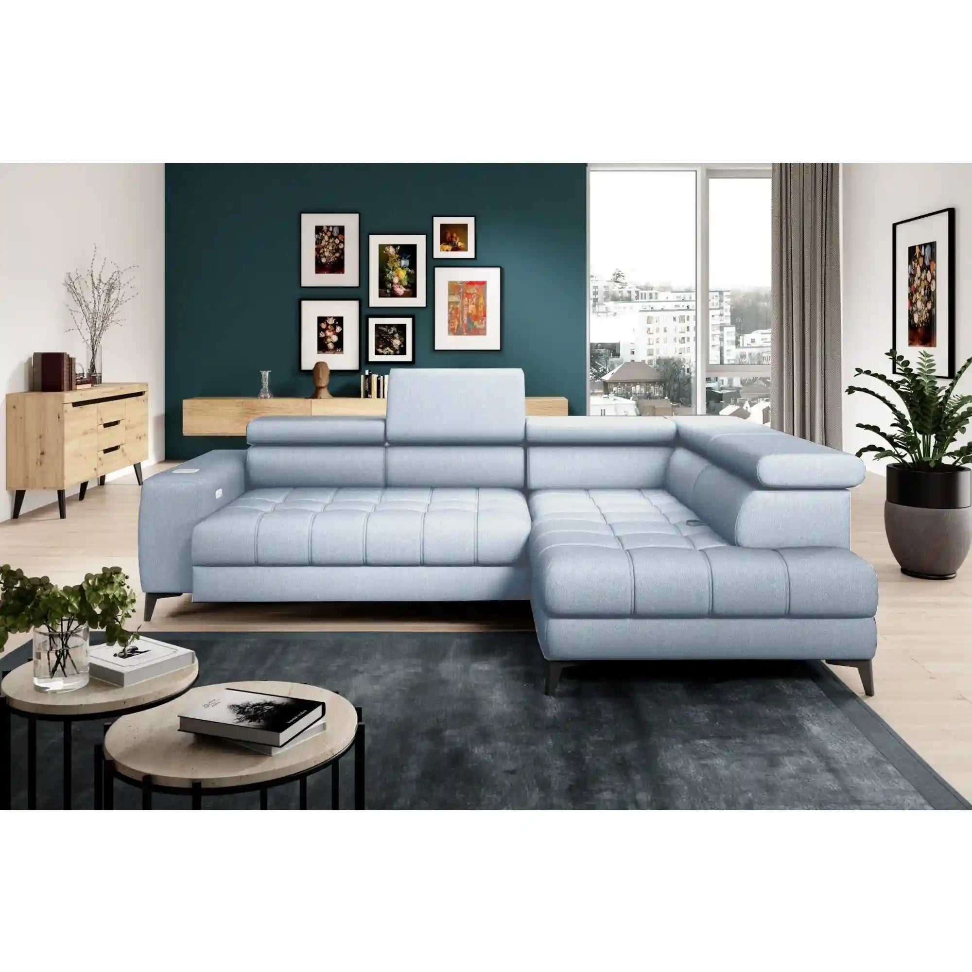 Coltar BAGGIO, sezlong dreapta, stofa catifelata mov lila - Monolith 62, cu reglaj electric, lada depozitare, incarcator wireless si tetiere reglabile, 280x196x100 cm