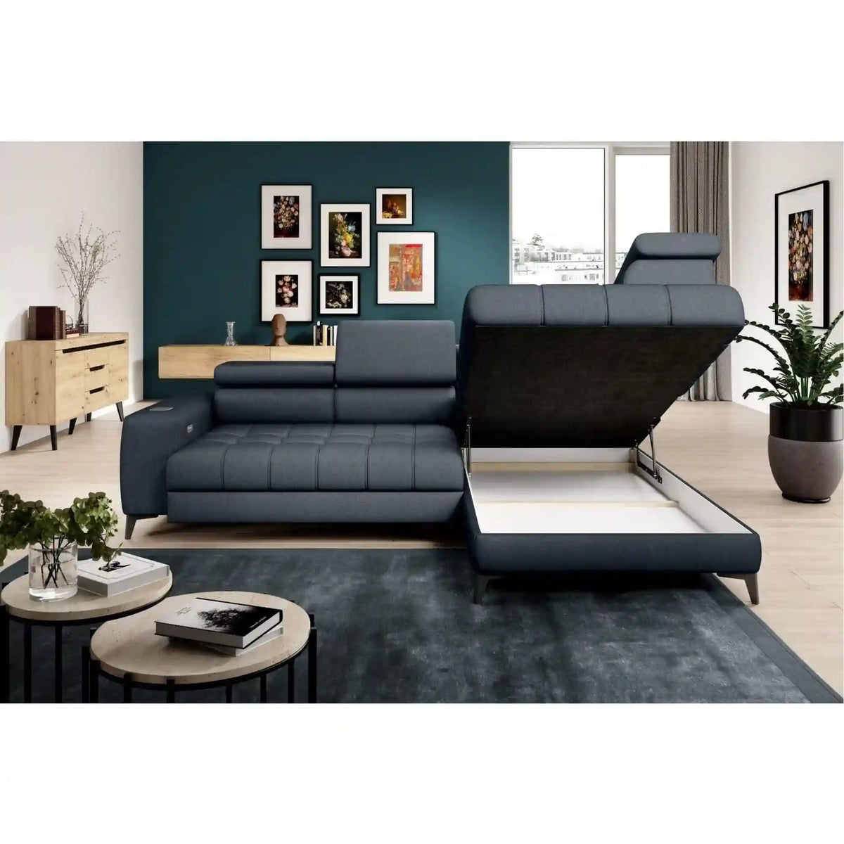 Coltar BAGGIO, sezlong dreapta, stofa catifelata roz - Element 18, Gama Premium, cu reglaj electric, incarcator wireless, lada depozitare si tetiere reglabile, 280x196x100 cm