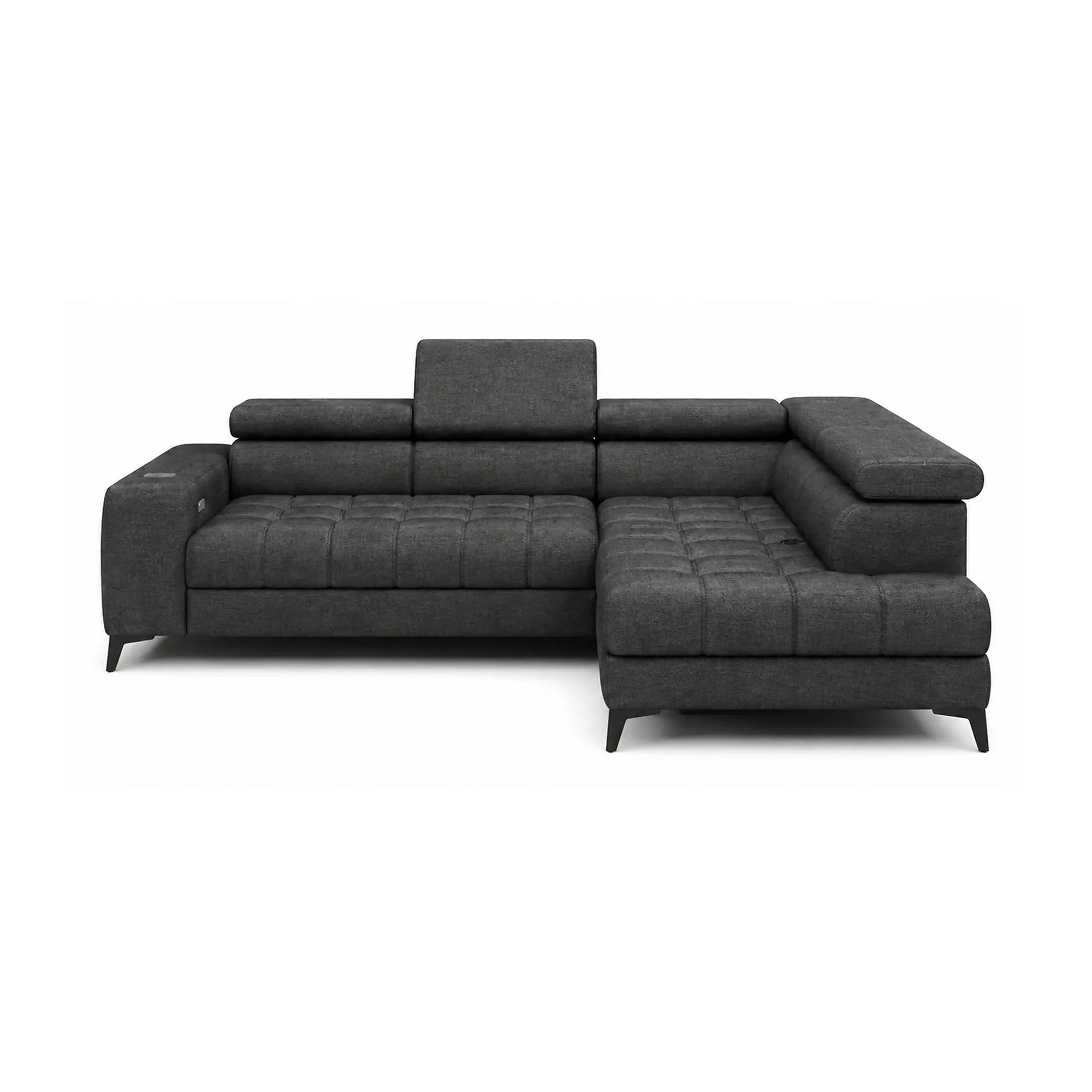 Coltar BAGGIO, sezlong dreapta, stofa clasica gri inchis - Austin 20, cu reglaj electric, incarcator wirelles, lada depozitare si tetiere reglabile, 280x196x100 cm