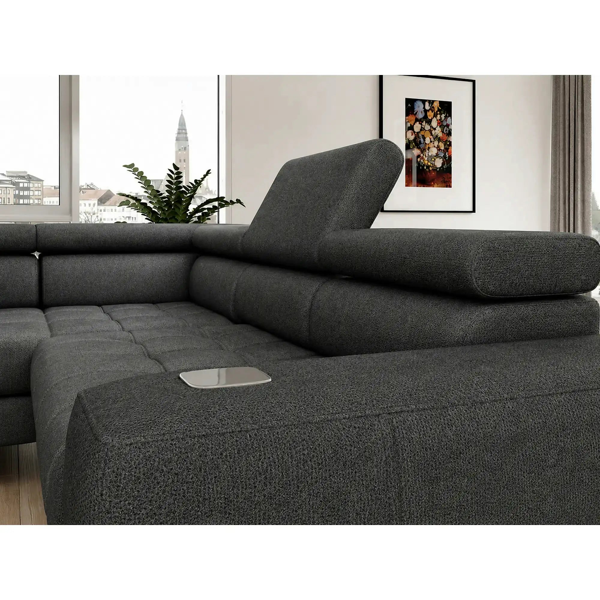 Coltar BAGGIO, sezlong dreapta, stofa clasica gri inchis - Austin 20, cu reglaj electric, incarcator wirelles, lada depozitare si tetiere reglabile, 280x196x100 cm