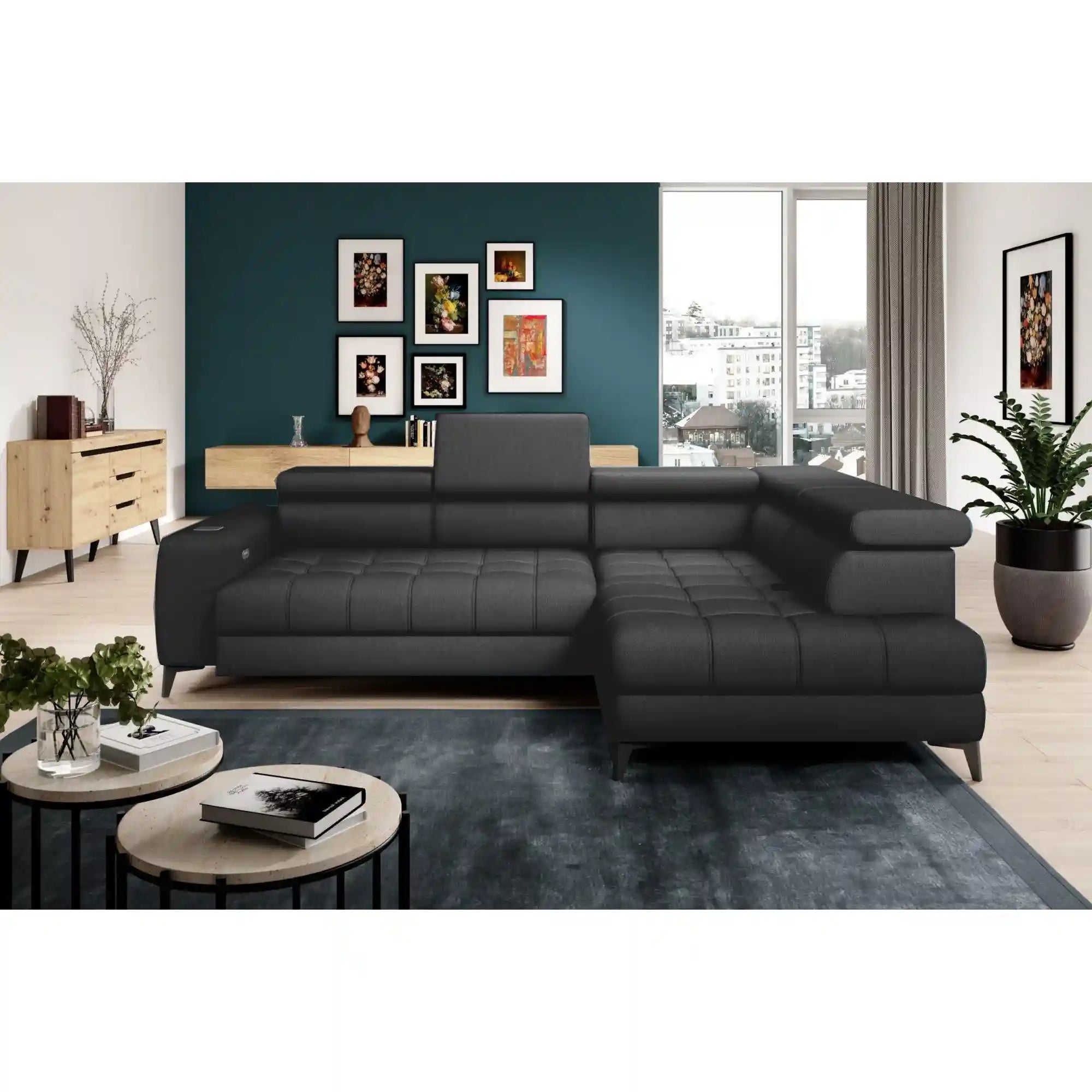 Coltar BAGGIO, sezlong dreapta, stofa clasica gri inchis - Austin 20, cu reglaj electric, incarcator wirelles, lada depozitare si tetiere reglabile, 280x196x100 cm