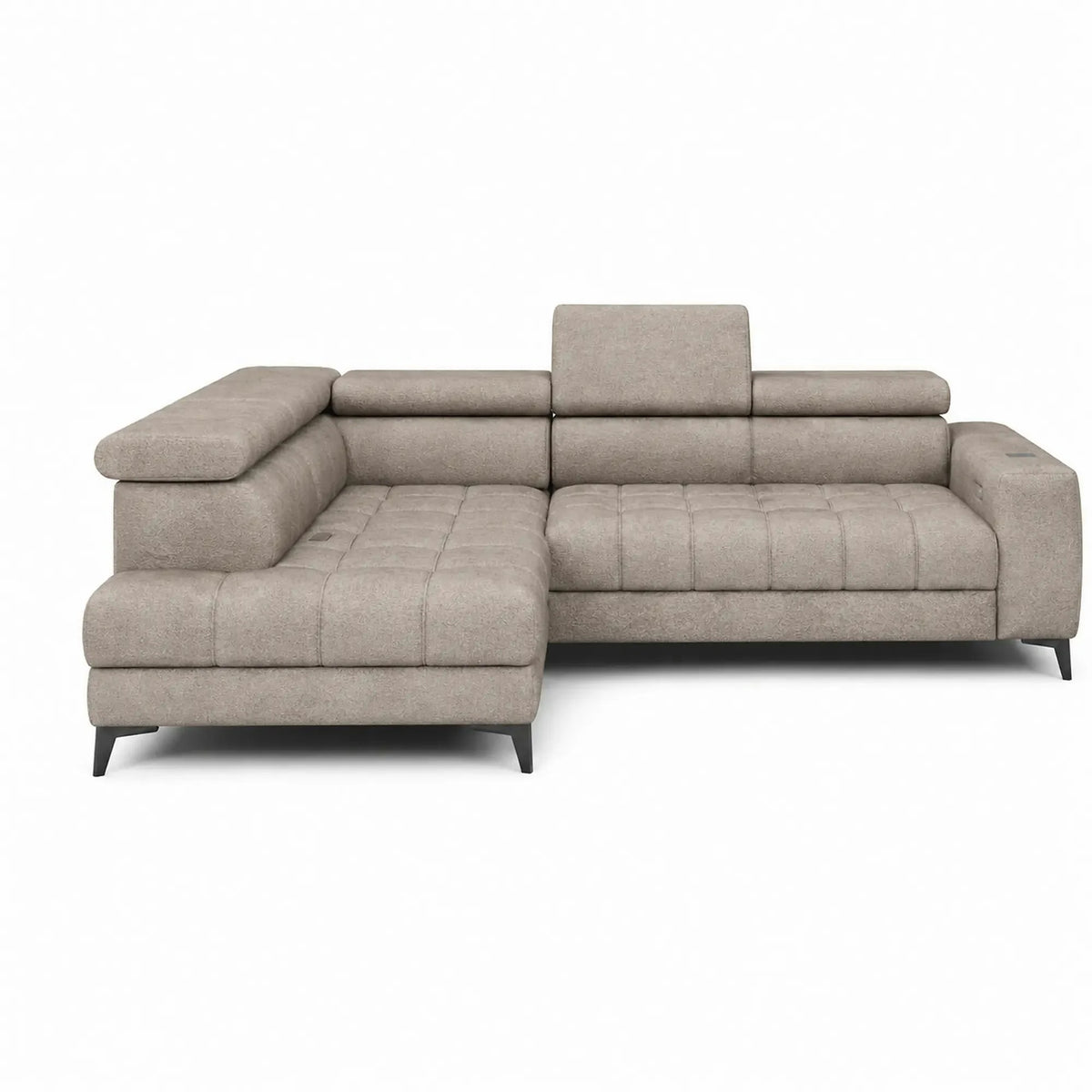 Coltar BAGGIO, sezlong stanga, stofa buclata grej - Aphrodite 04, cu reglaj electric, incarcator wireless, lada depozitare si tetiere reglabile, 280x196x100 cm