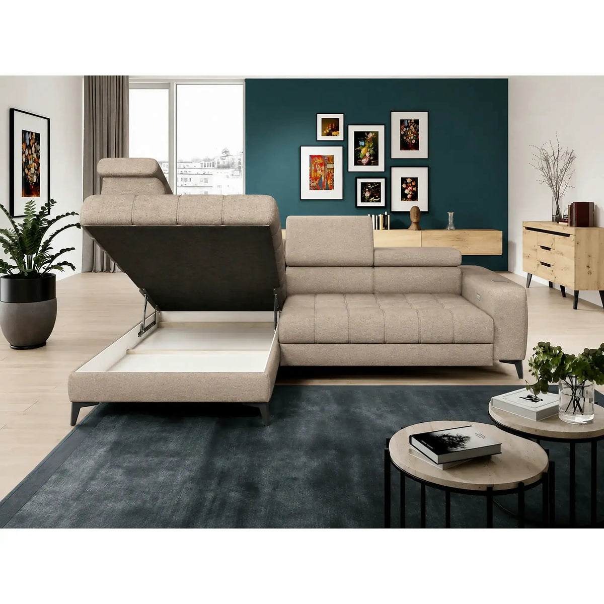 Coltar BAGGIO, sezlong stanga, stofa buclata grej - Aphrodite 04, cu reglaj electric, incarcator wireless, lada depozitare si tetiere reglabile, 280x196x100 cm