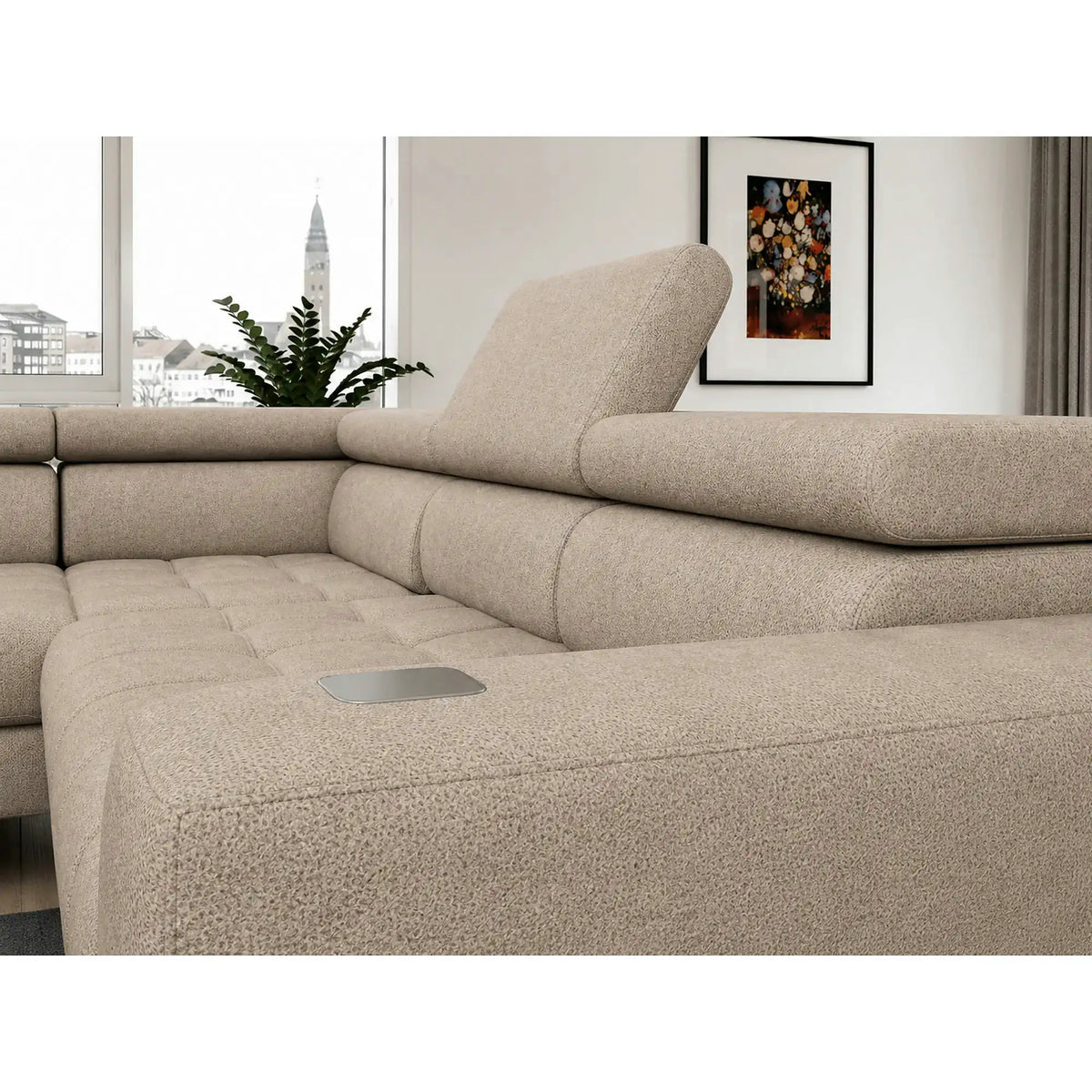 Coltar BAGGIO, sezlong stanga, stofa buclata grej - Aphrodite 04, cu reglaj electric, incarcator wireless, lada depozitare si tetiere reglabile, 280x196x100 cm