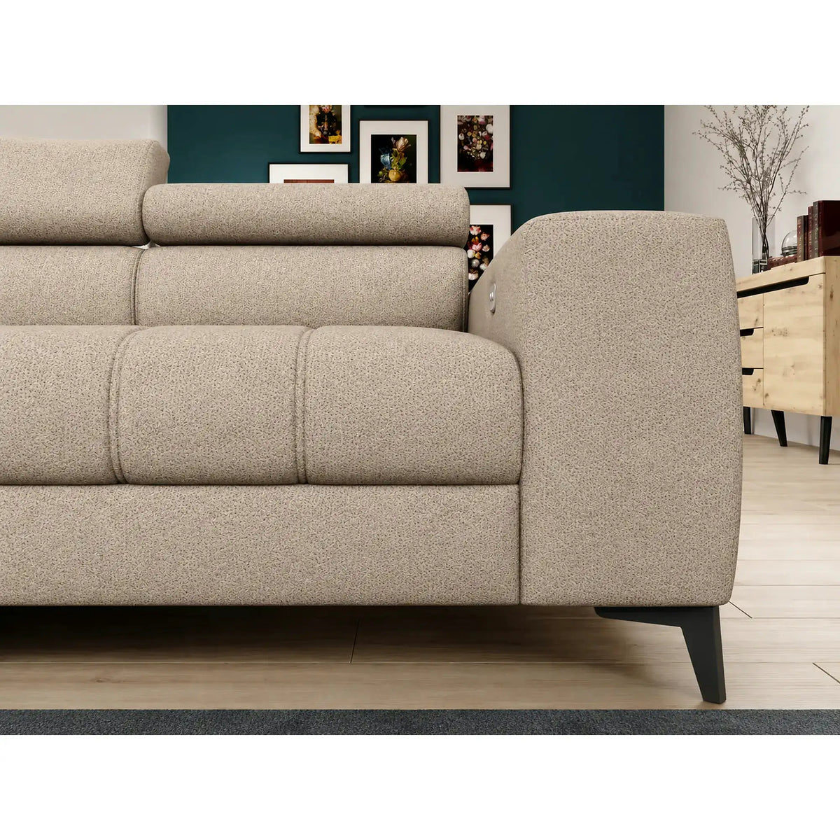 Coltar BAGGIO, sezlong stanga, stofa buclata grej - Aphrodite 04, cu reglaj electric, incarcator wireless, lada depozitare si tetiere reglabile, 280x196x100 cm