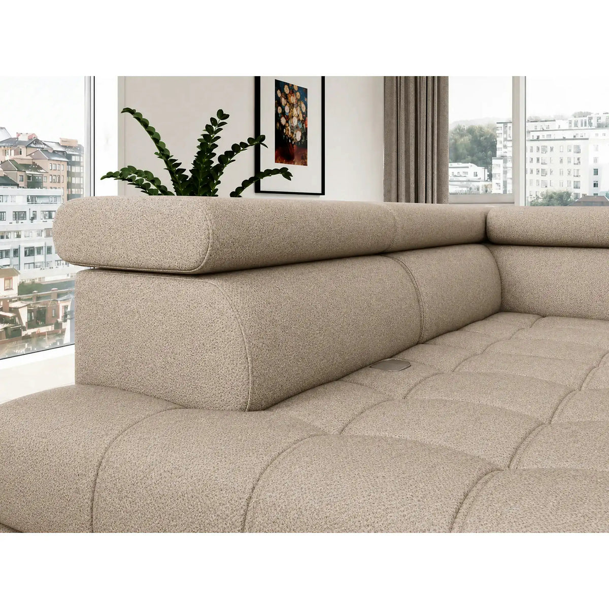 Coltar BAGGIO, sezlong stanga, stofa buclata grej - Aphrodite 04, cu reglaj electric, incarcator wireless, lada depozitare si tetiere reglabile, 280x196x100 cm