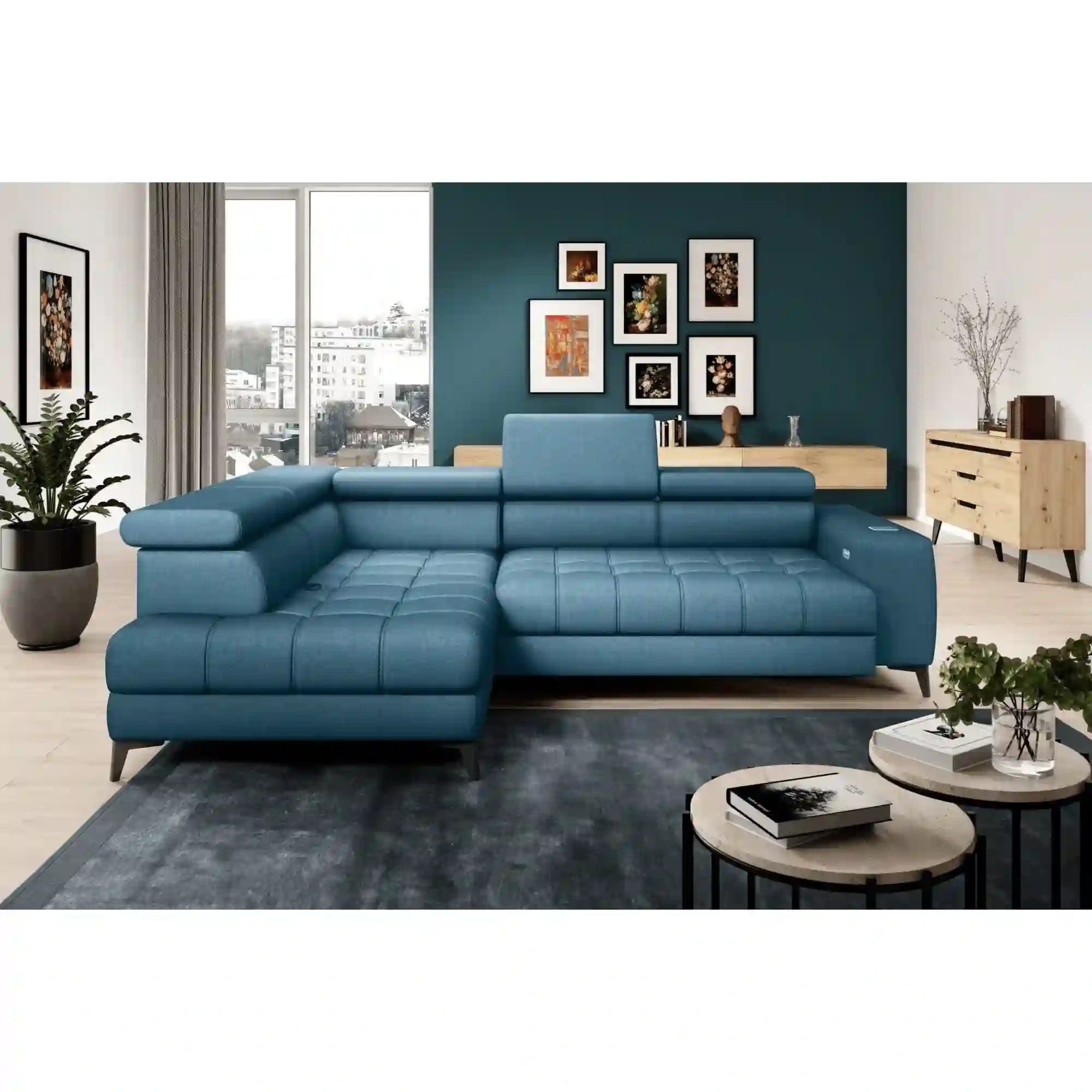 Coltar modern pentru living BAGGIO, sezlong stanga, stofa catifelata albastru - Whisper 12, Gama Premium, cu reglaj electric, incarcator wireless, 280x196x100 cm