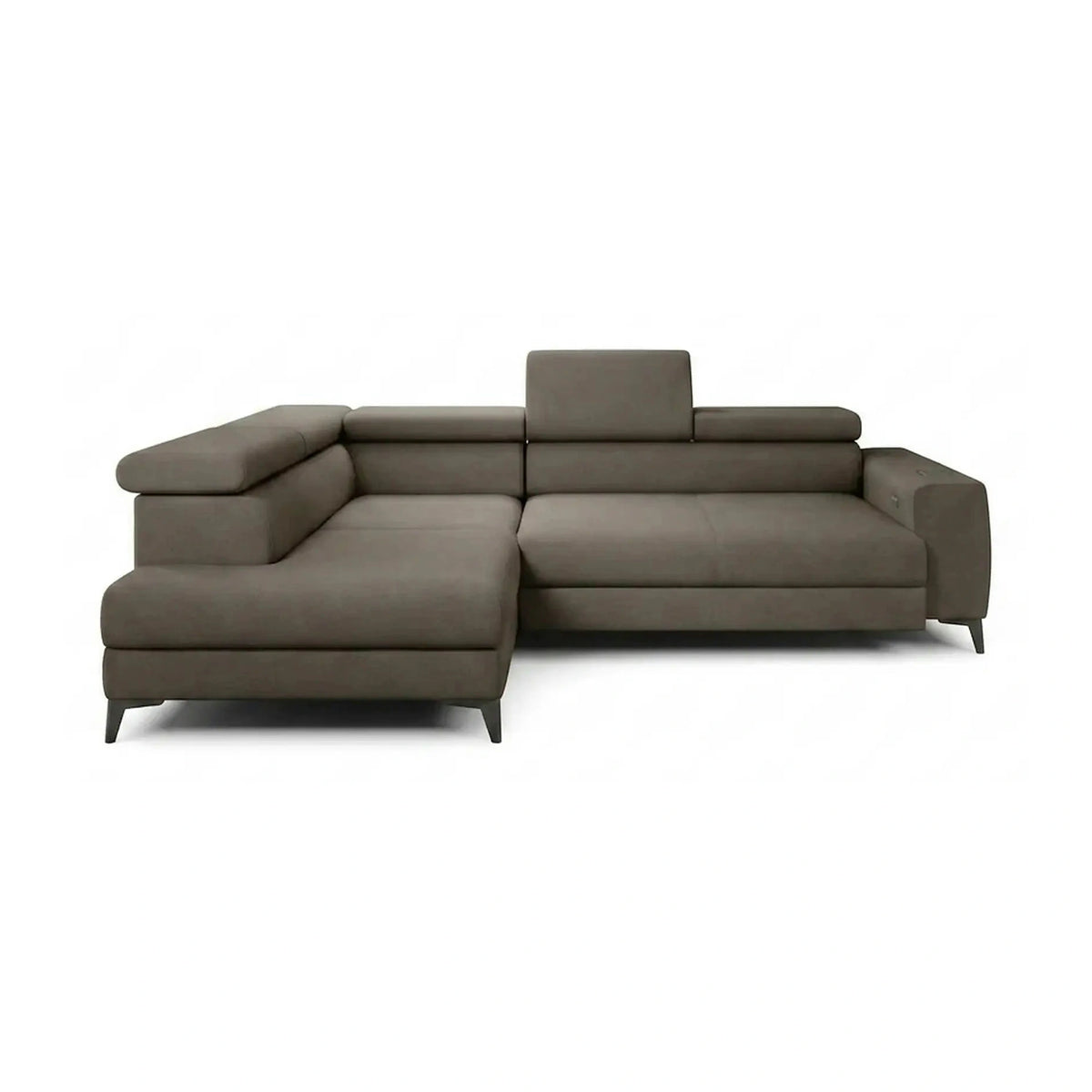 Coltar BAGGIO, sezlong stanga, stofa catifelata cappuccino - Poso 03, cu reglaj electric, incarcator wireless, lada depozitare si tetiere reglabile, 280x196x100 cm